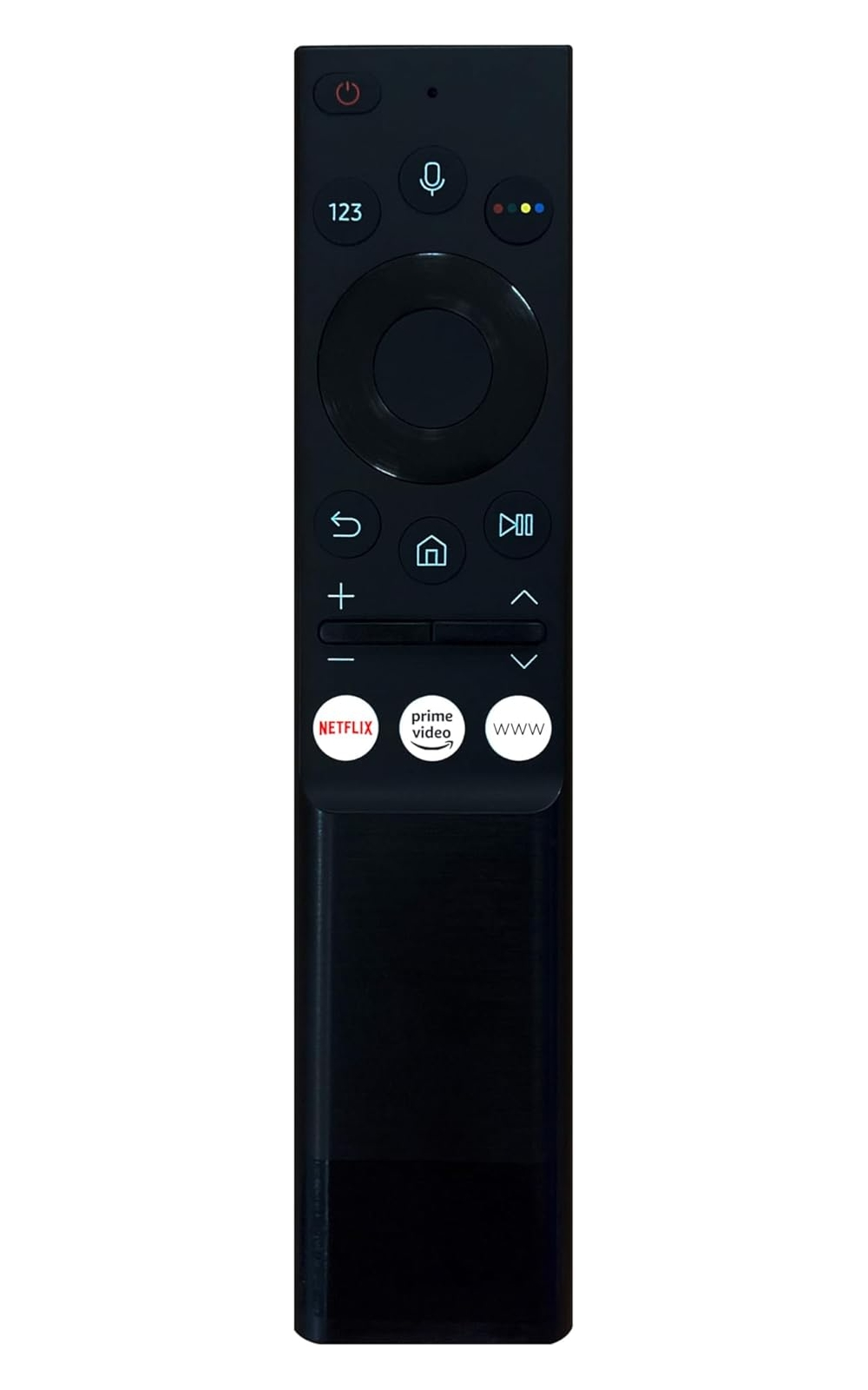 Un telecomando nero con pulsanti di accensione, microfono, numeri e navigazione. Anche pulsanti Netflix, Prime Video, WWW.