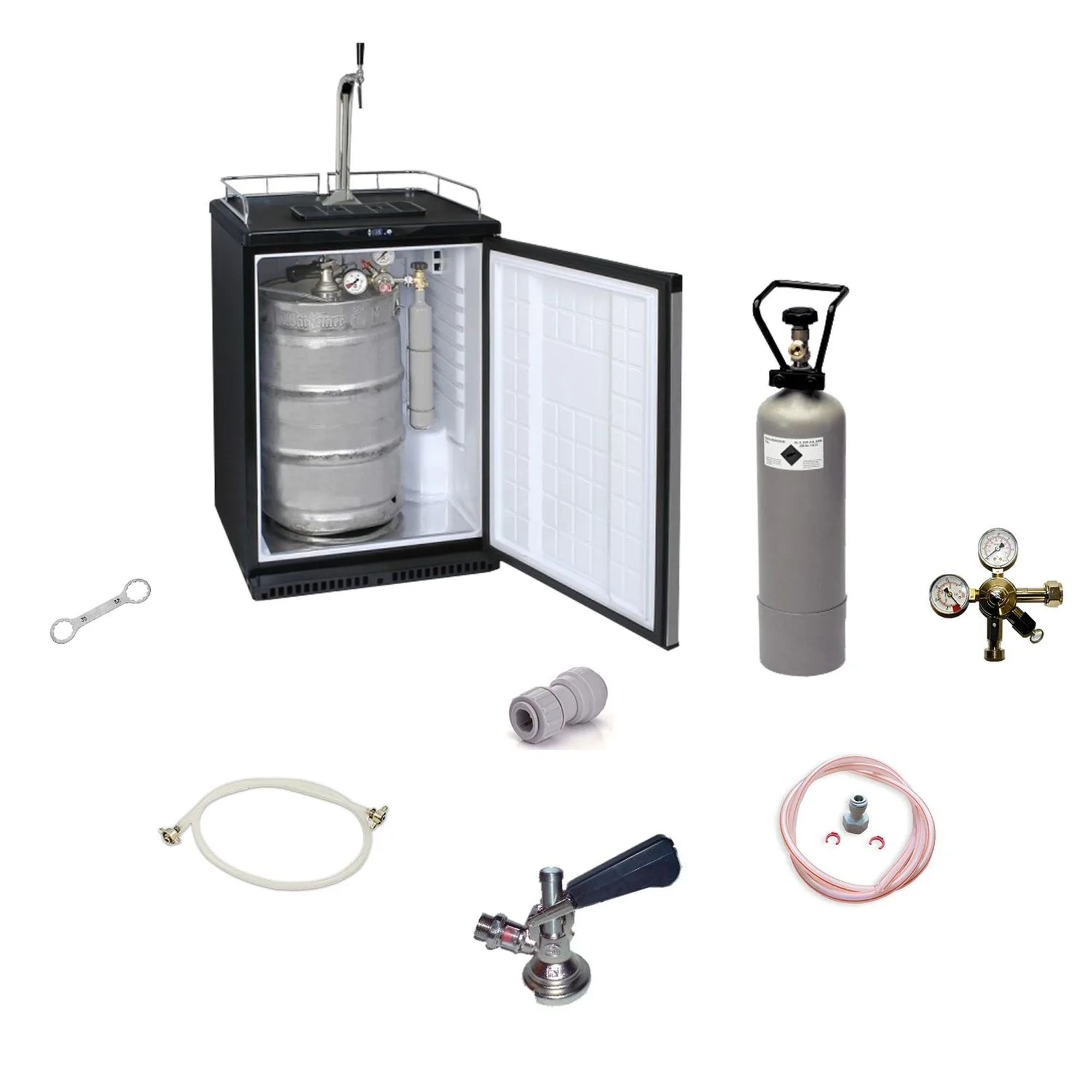 Un refroidisseur de fût avec fût, bouteille de gaz, détendeur et accessoires sur fond blanc.