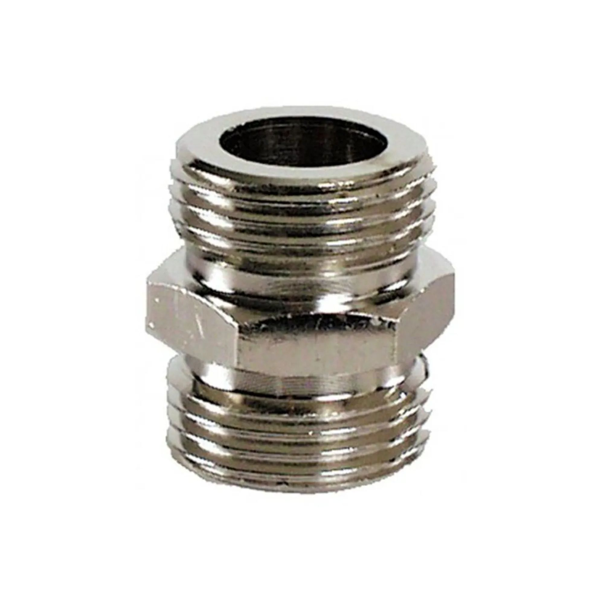 A shiny metal fitting with threads on both ends and a hexagonal middle section.