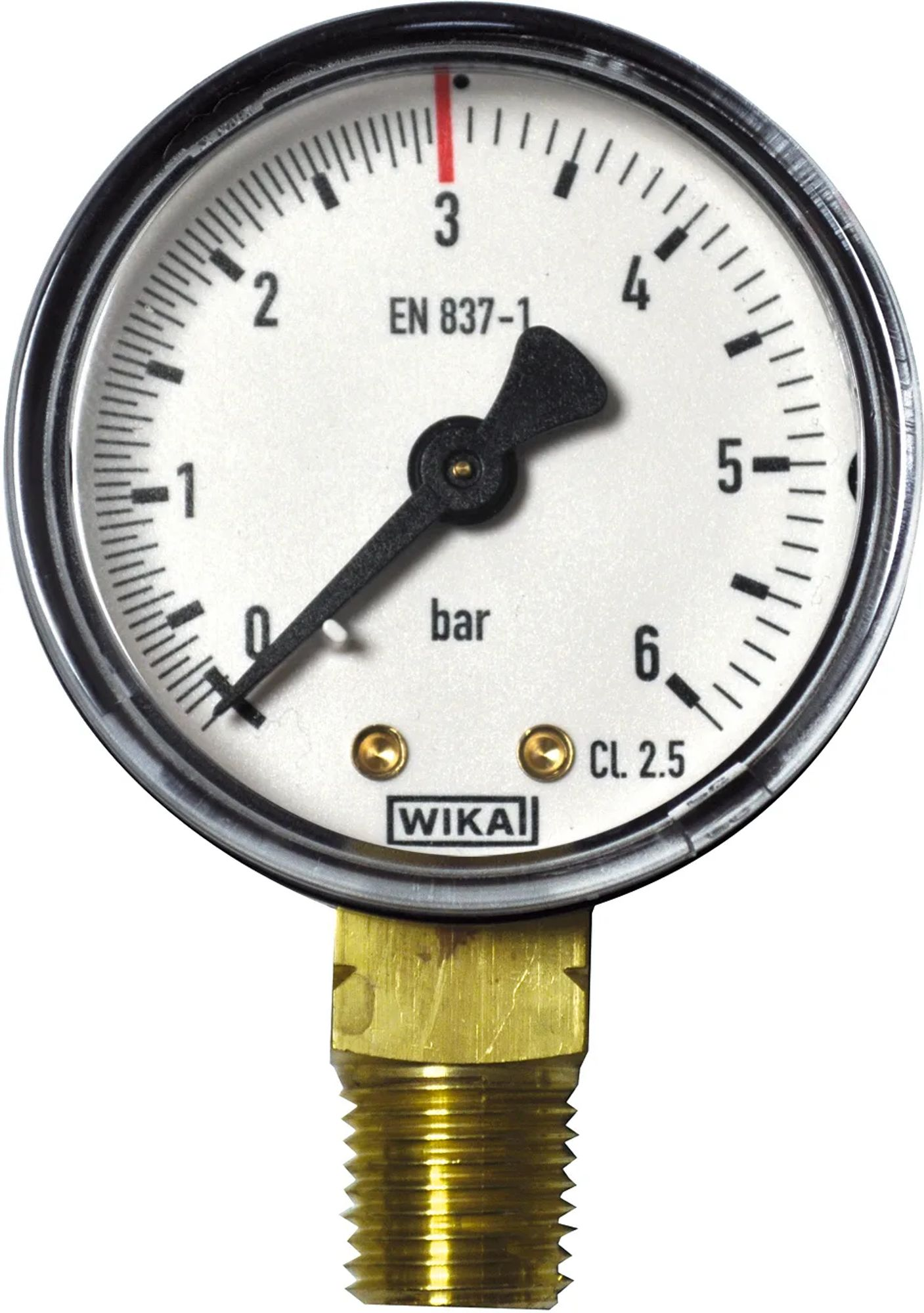 A pressure gauge with a black pointer indicating 1.2 bar.