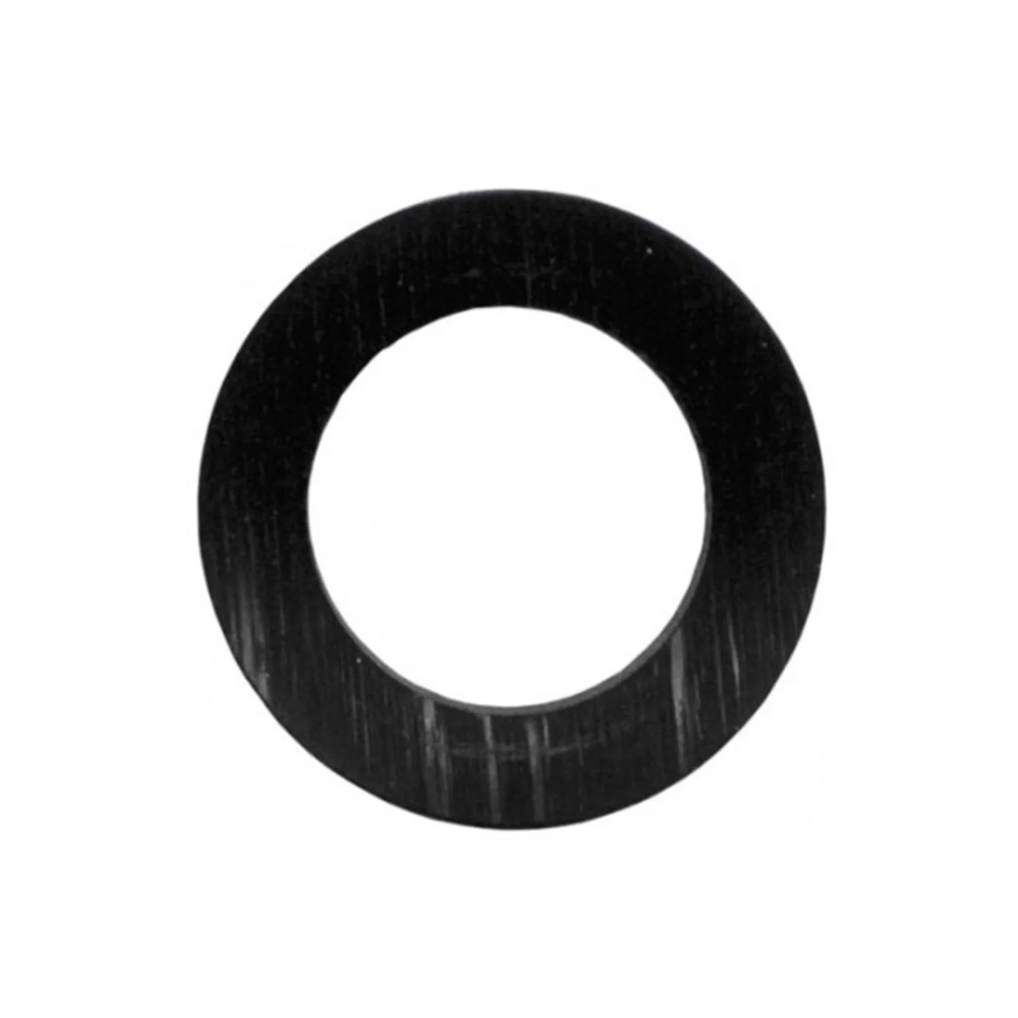 A black ring with a white center on a white background.