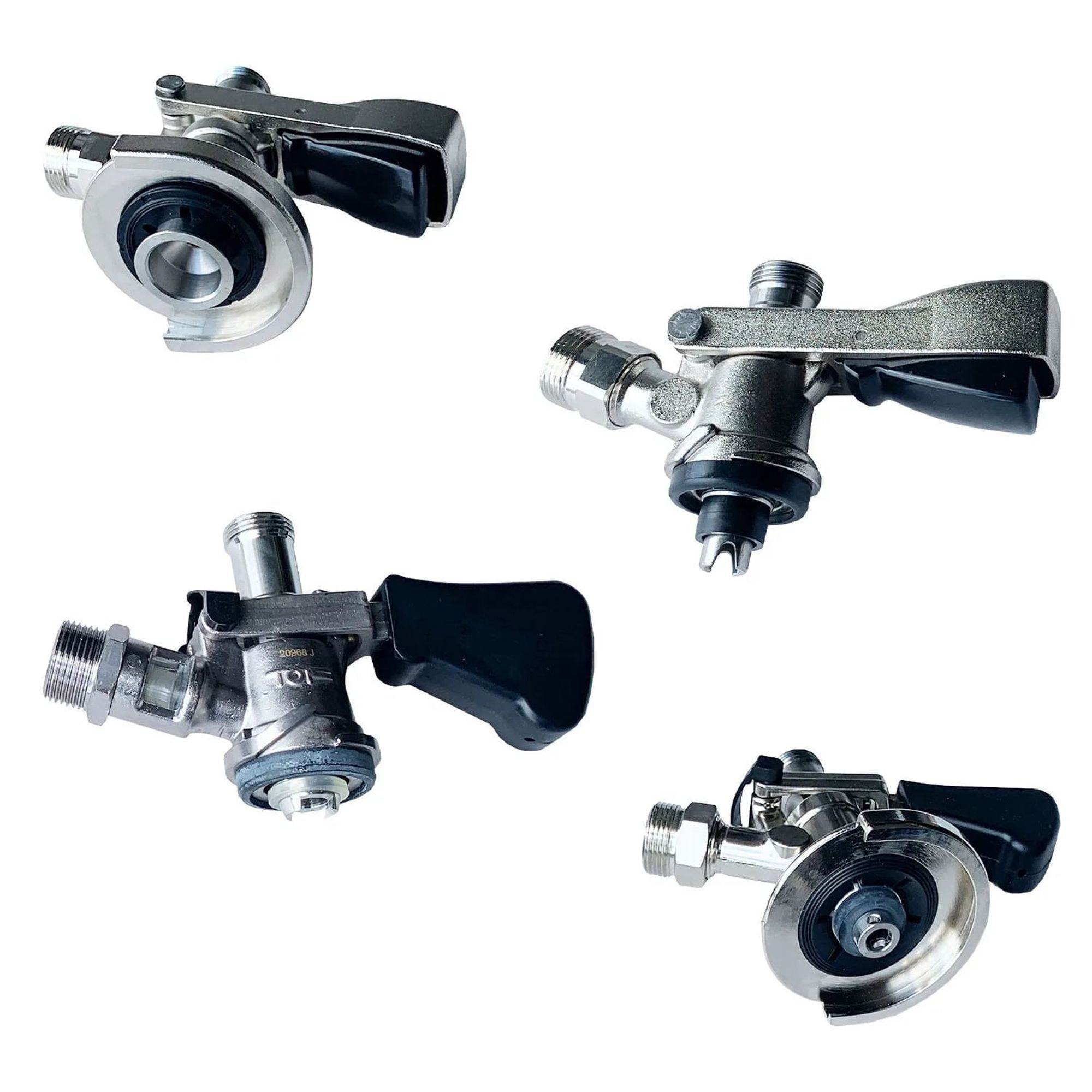 Four beer keg couplers with metal and black handle parts on a white background.