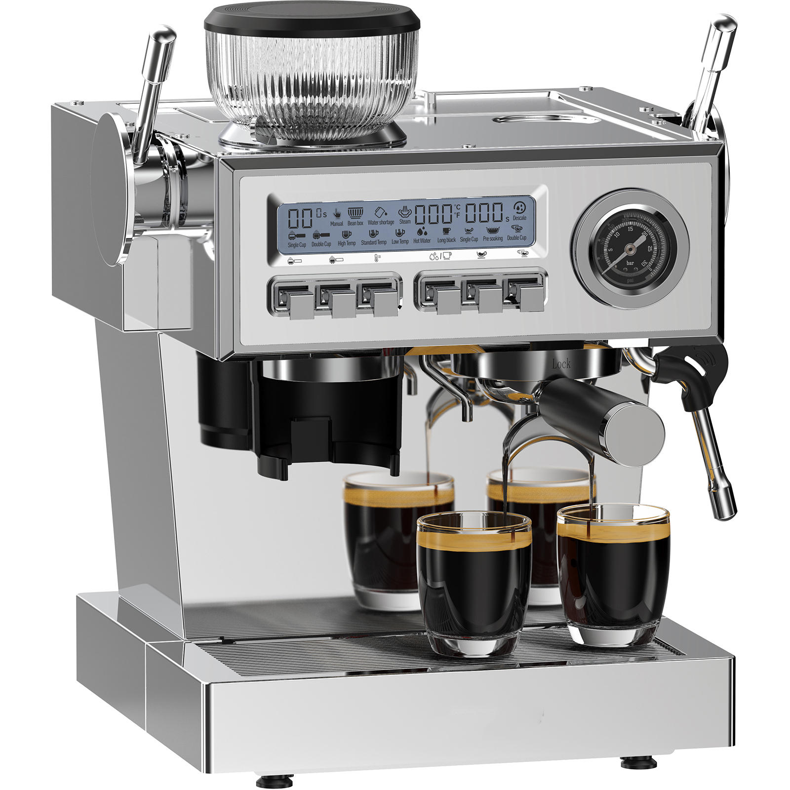 Macchina espresso cromata con tramoggia per chicchi in vetro, display digitale e tre bicchieri di espresso.