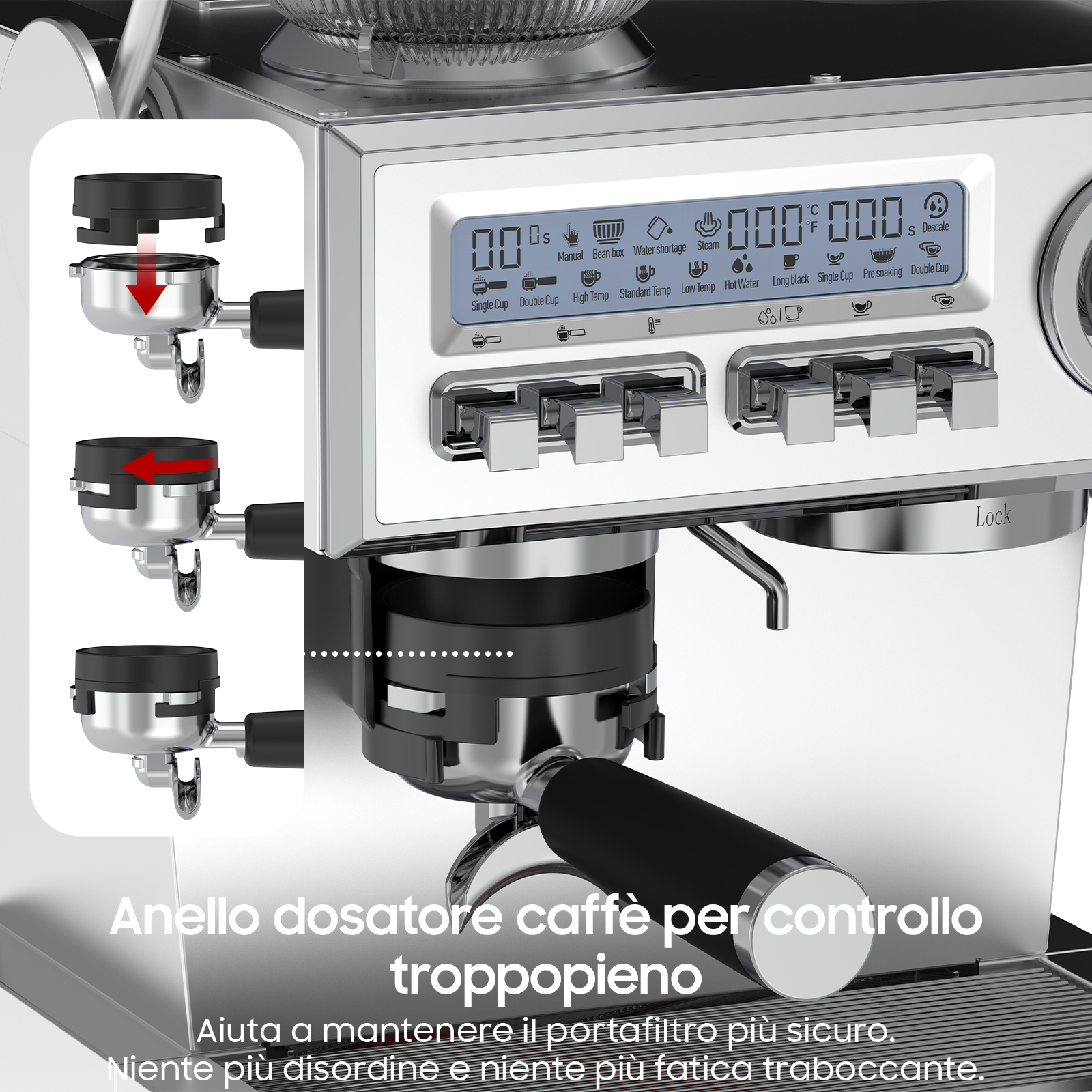 Anello dosatore caffè per controllo troppopieno. Aiuta a mantenere il portafiltro sicuro.
