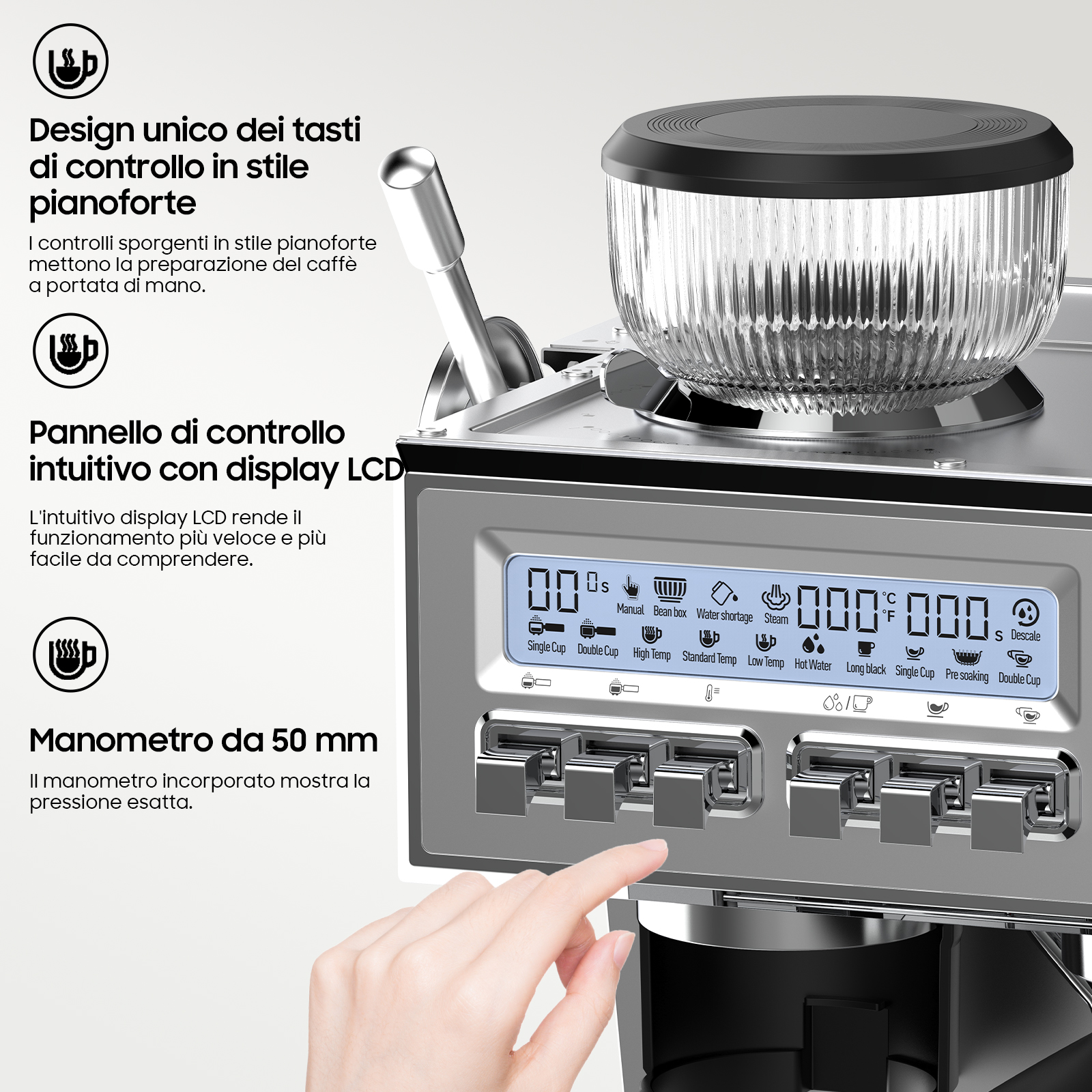 Macchina da caffè argento con tasti piano, display LCD e manometro.