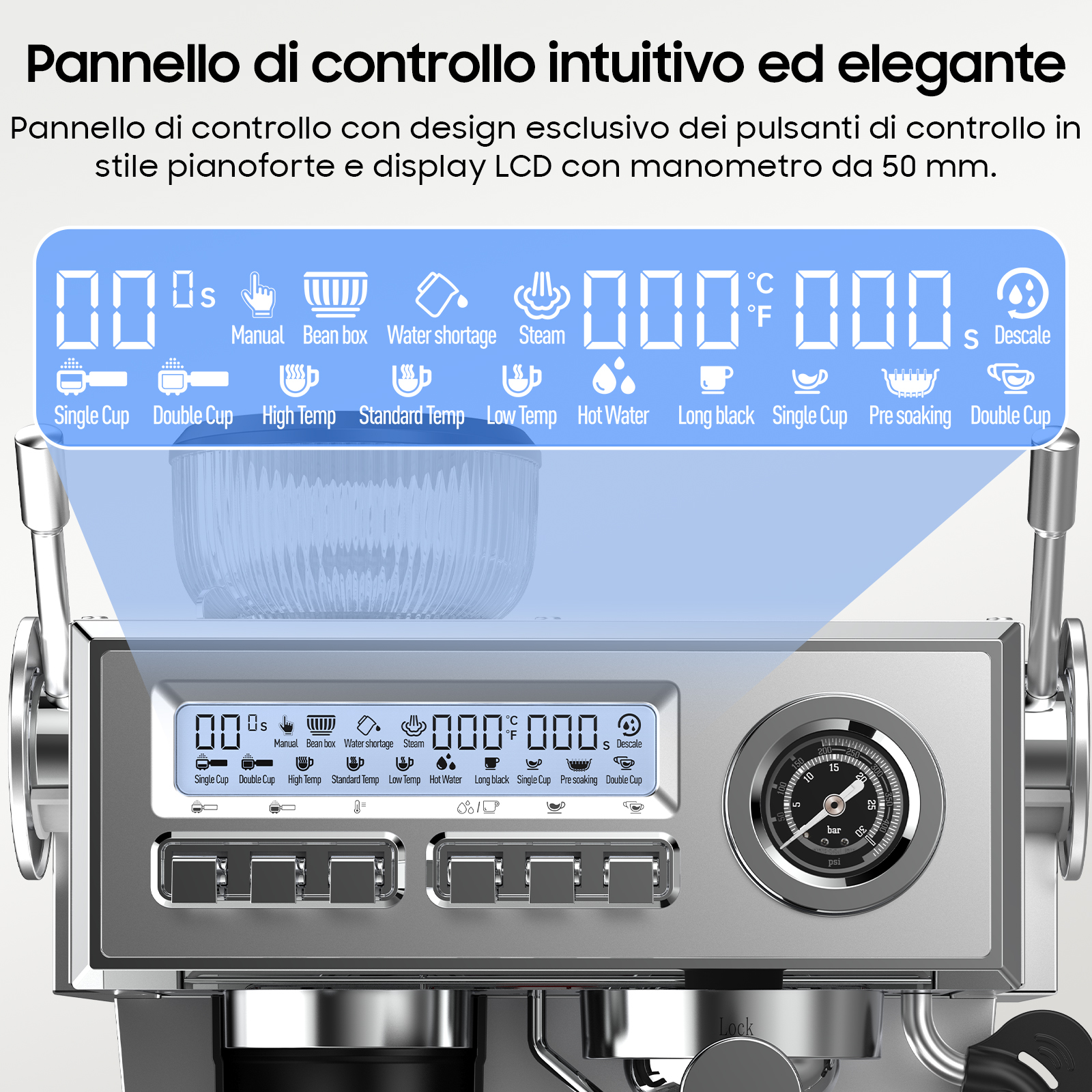 Pannello controllo macchina caffè con display LCD, icone e manometro 50mm.