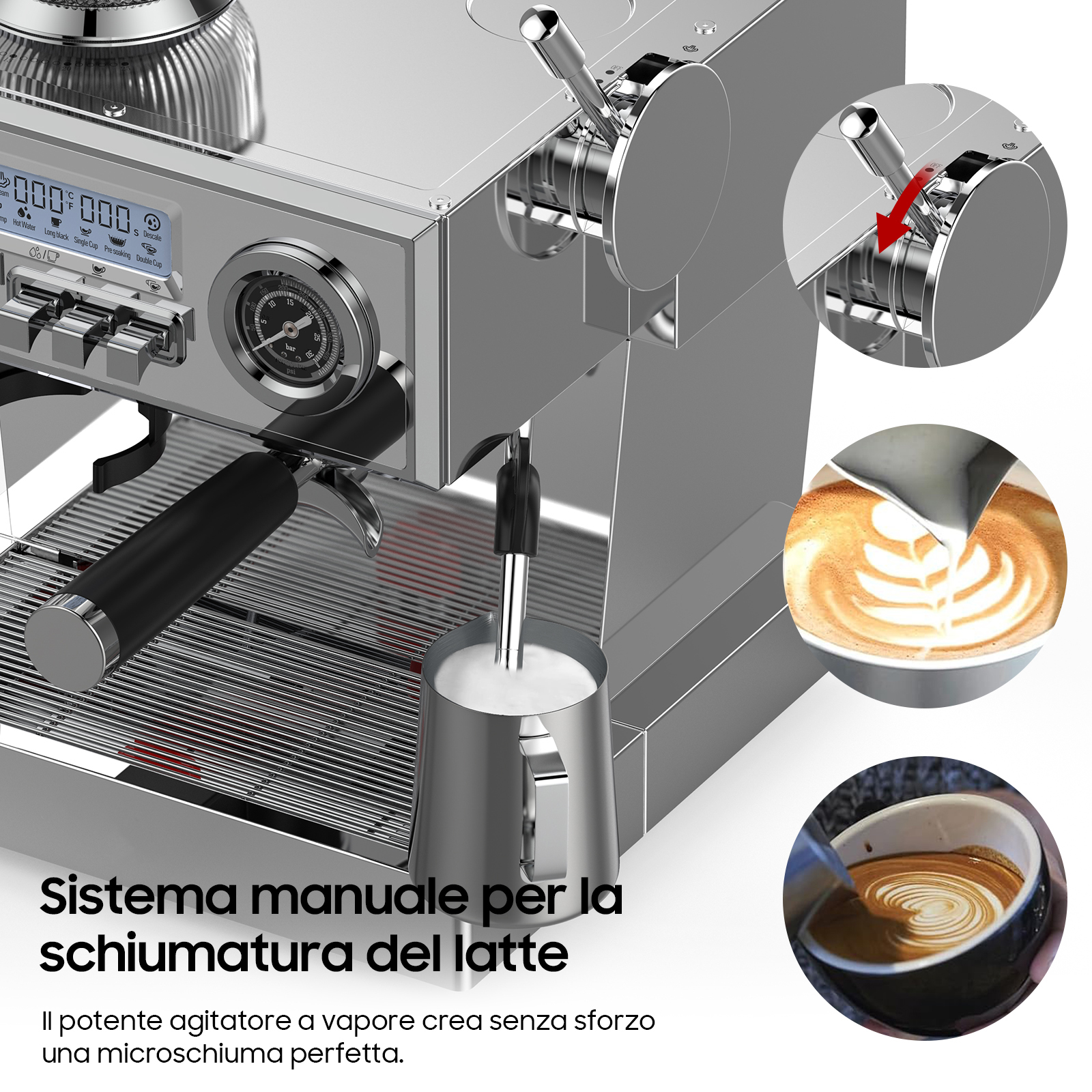 Macchina per espresso con caraffa per vapore e latte art in tazzine.