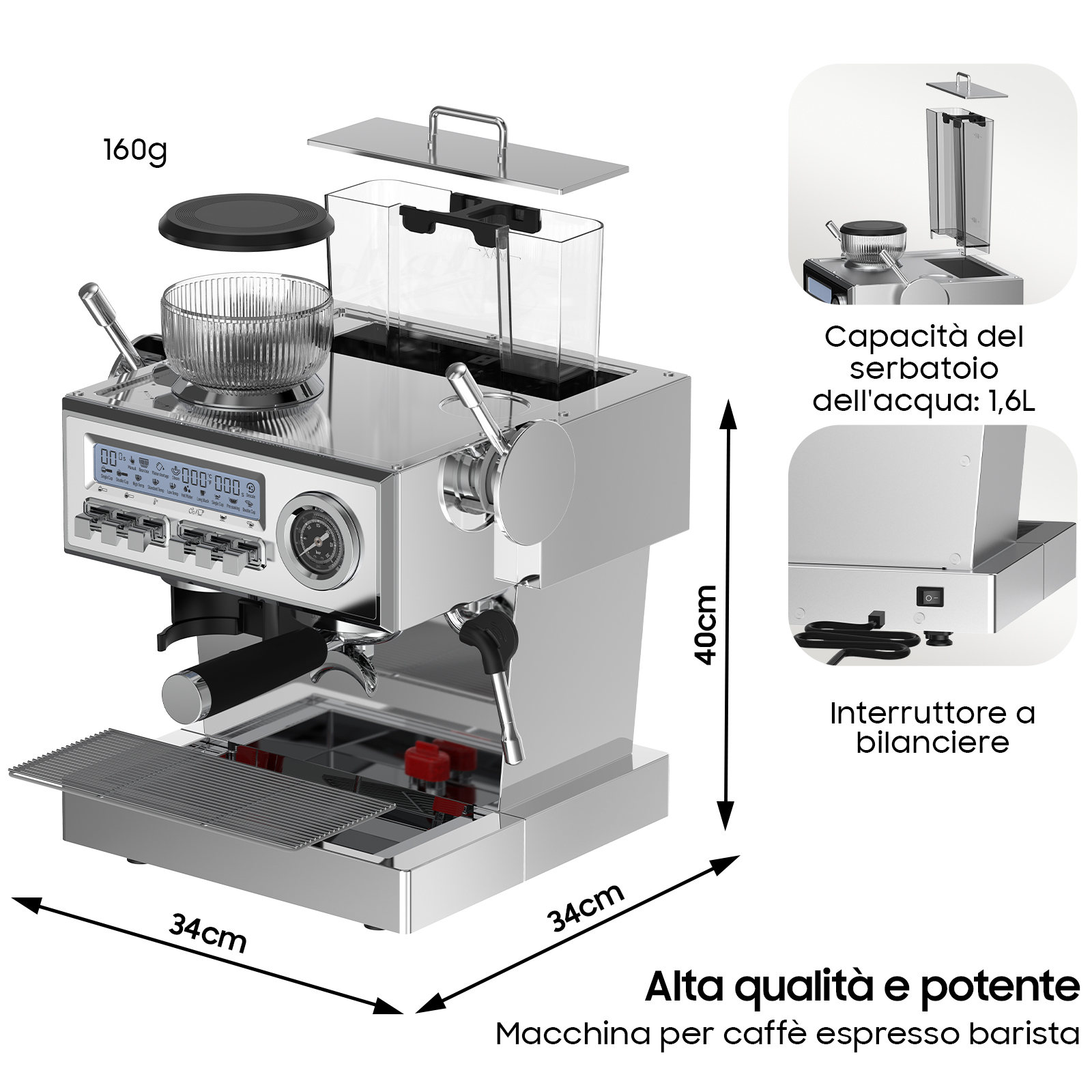 Macchina espresso lucida con display digitali, contenitore in vetro, leve e dimensioni.