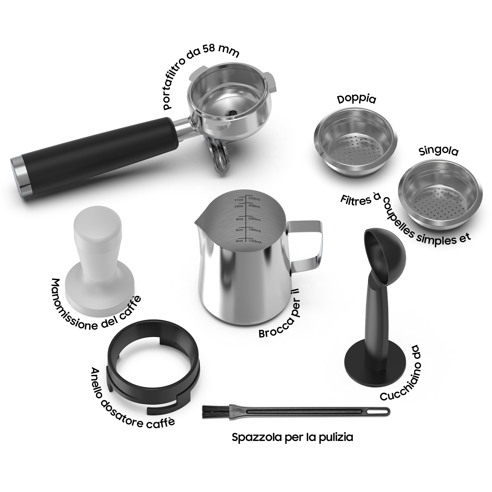 Accessori macchina espresso: portafiltro, tamper, lattiera, filtri, cucchiaino, anello, spazzola.