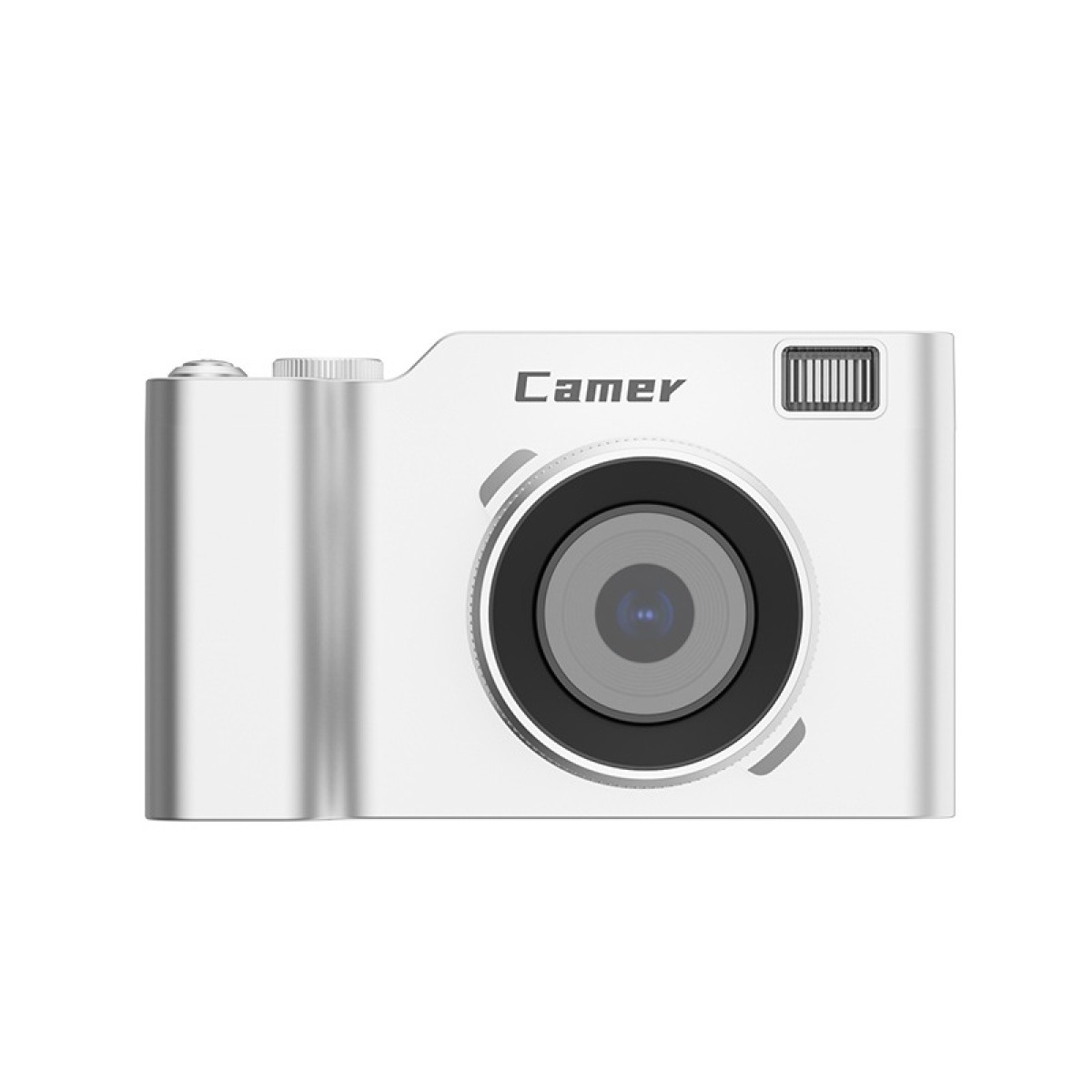 Una fotocamera bianca con obiettivo e flash su sfondo bianco.