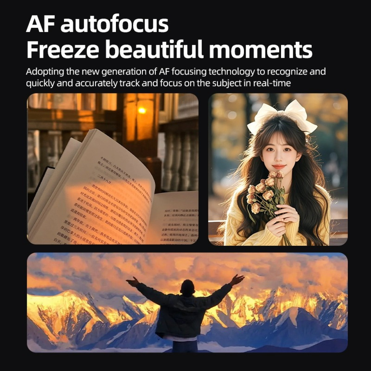 Tre scene: libro, donna con fiori, uomo davanti montagne. Pub AF.