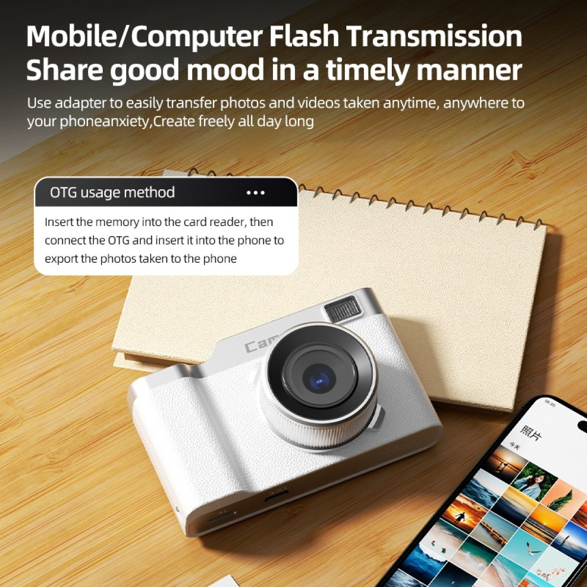 Eine weiße Kamera, ein Notizbuch und ein Telefon zeigen Fotos. OTG-Nutzungstext wird angezeigt.