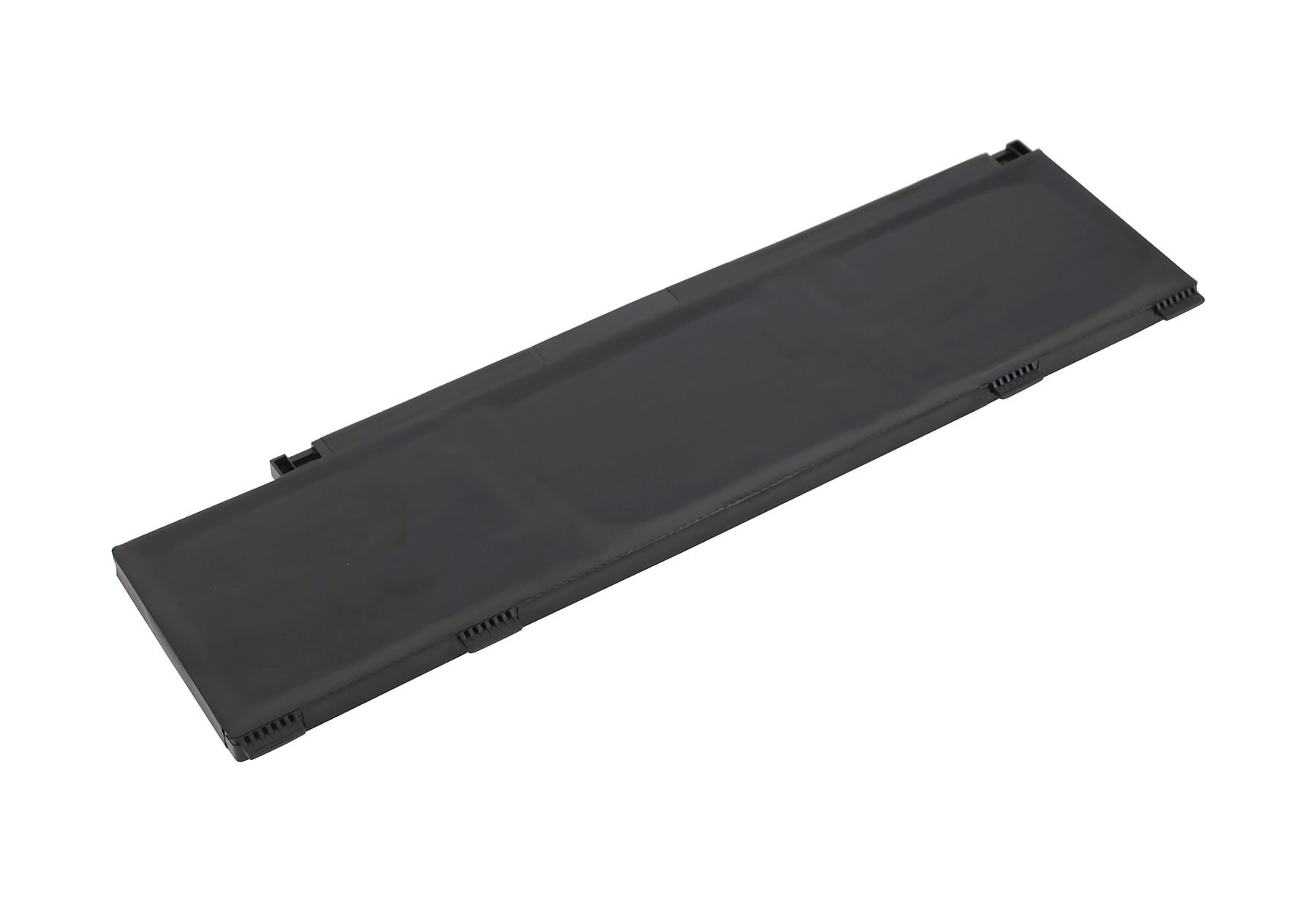 Ein schwarzer Laptop-Akku liegt auf weißem Hintergrund.