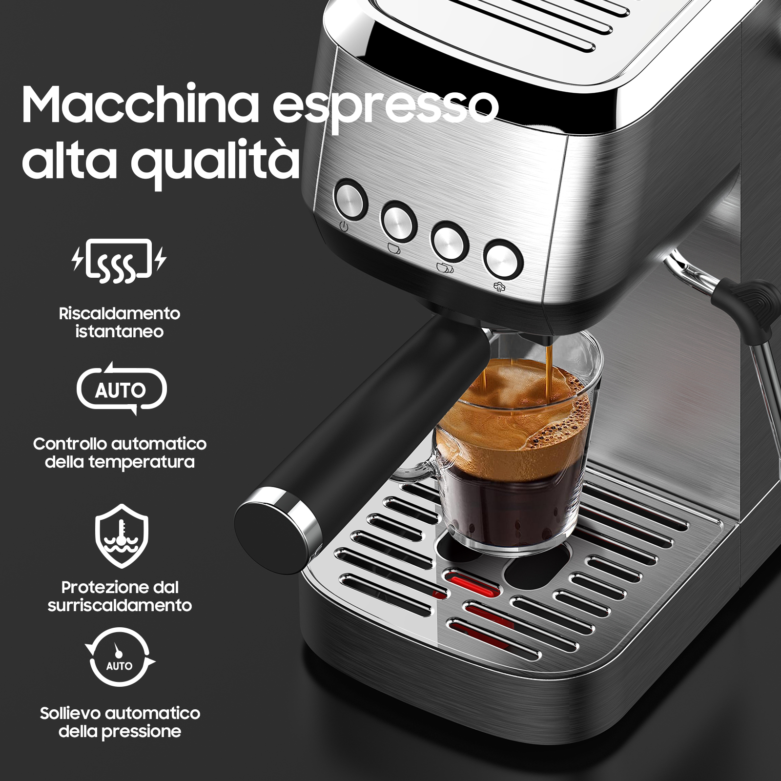 Macchina espresso argentata prepara caffè in tazza di vetro. Icone mostrano le funzioni.