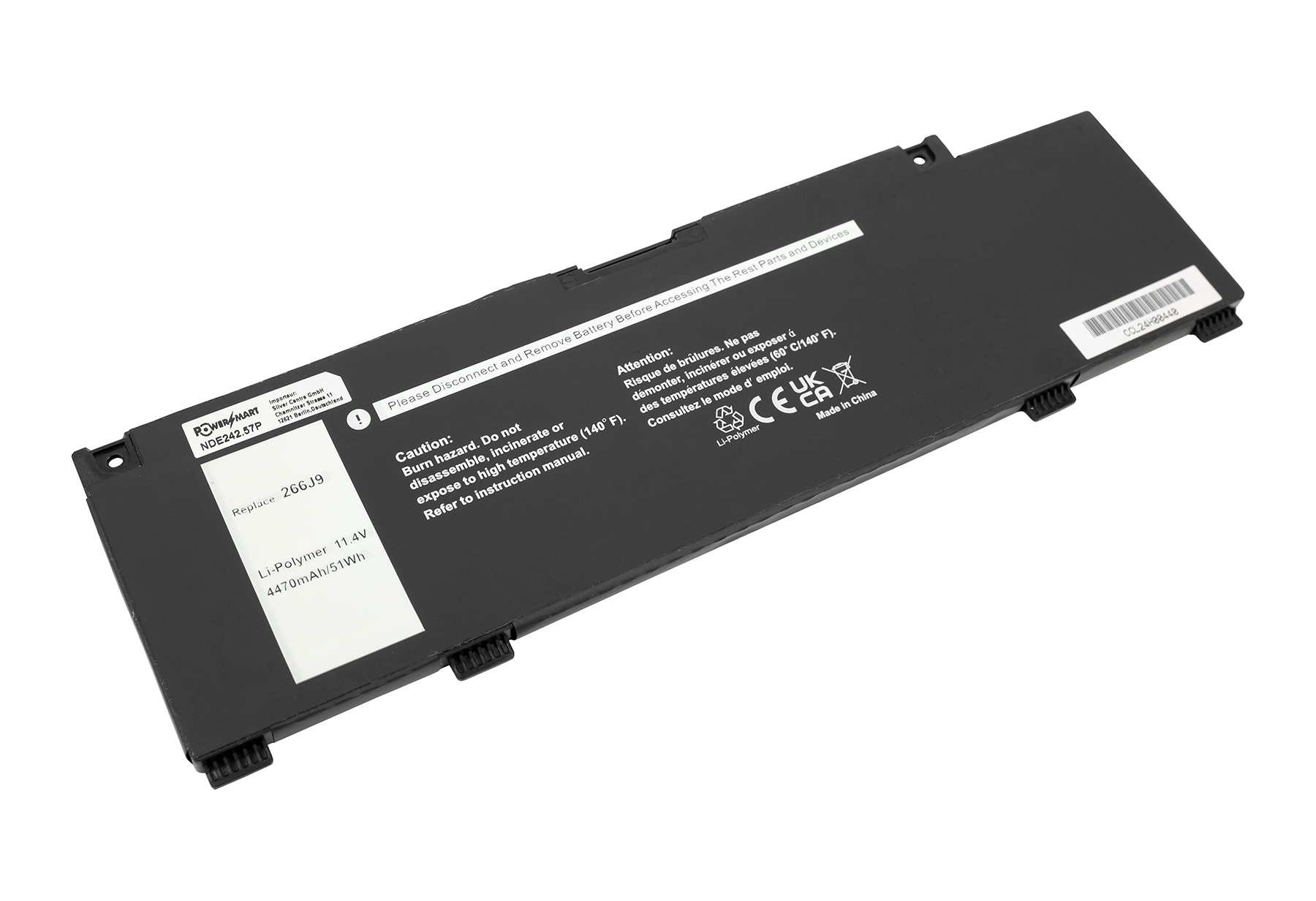 Schwarzer Laptop-Akku mit Warnhinweisen und technischen Daten.