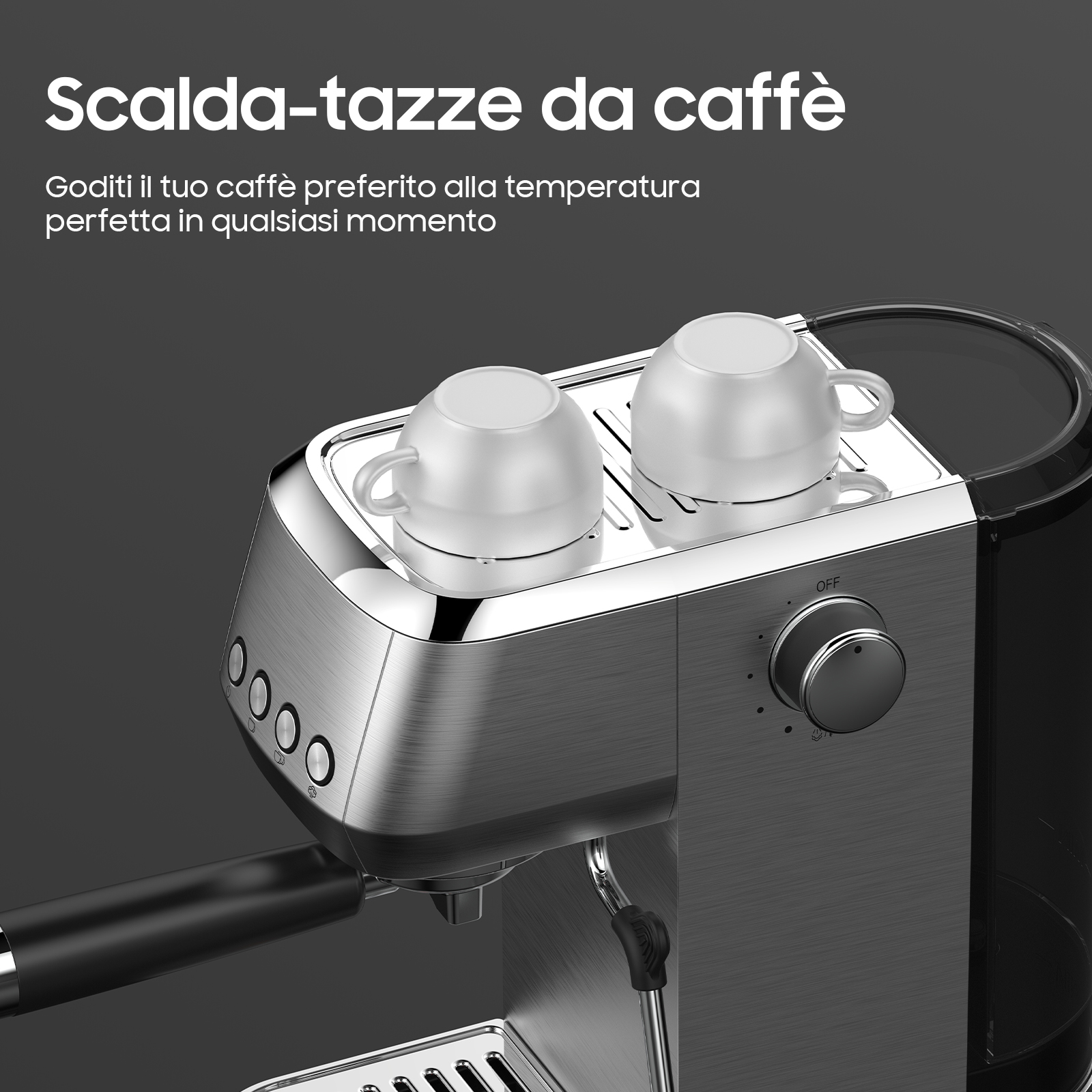 Una macchina da caffè argentata con due tazze sopra. Manopola di controllo con etichetta OFF.