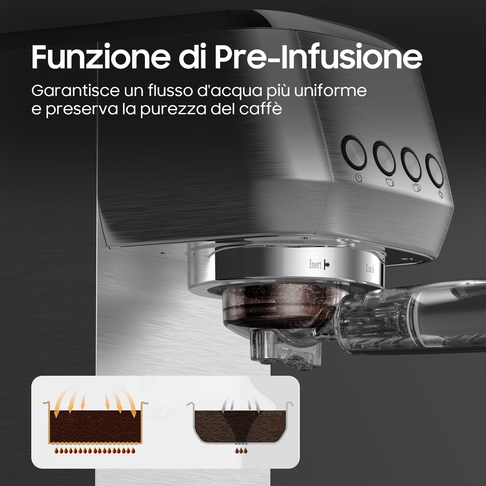 Macchina da caffè con funzione di pre-infusione e pulsanti.