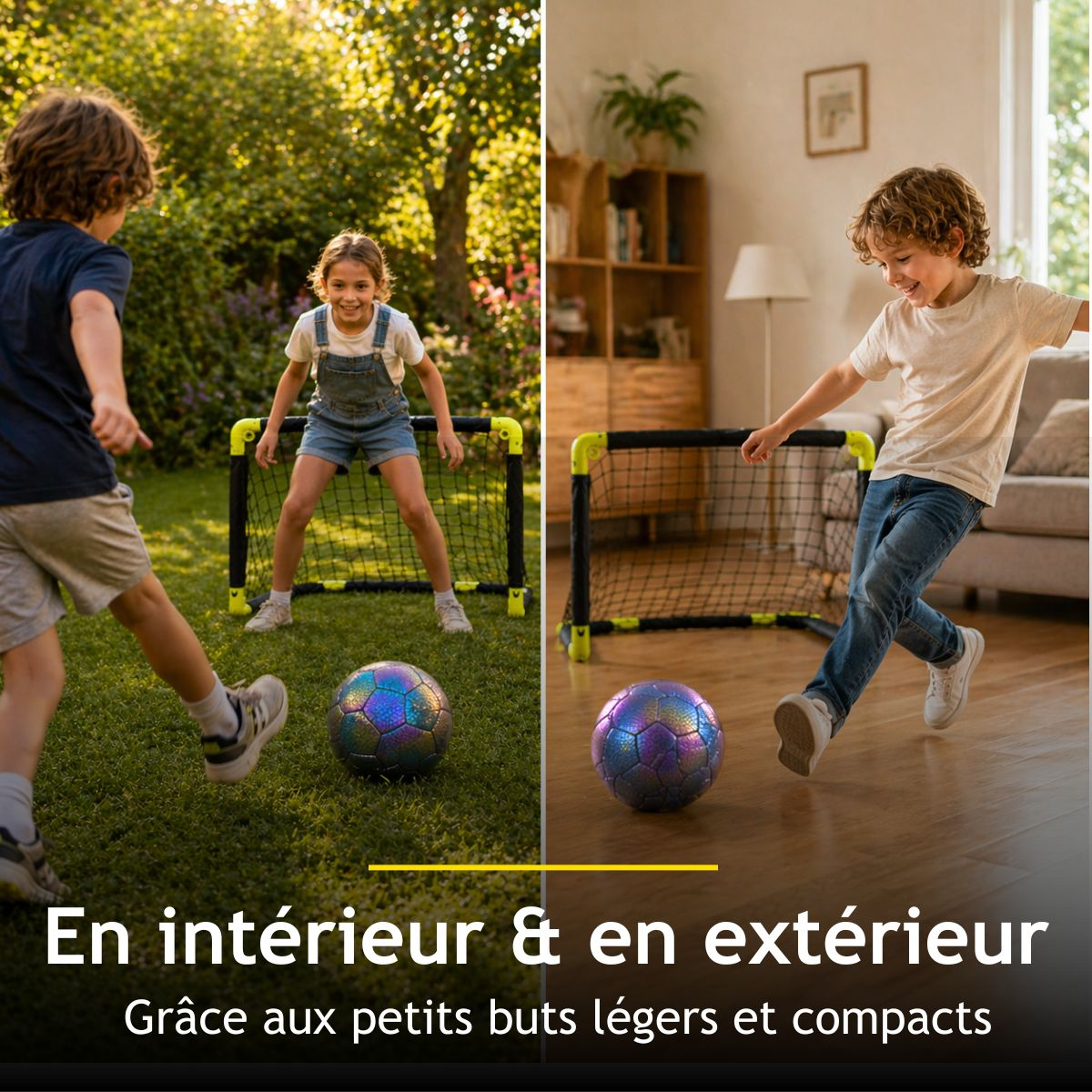 Children play soccer indoors and outdoors with small goals.