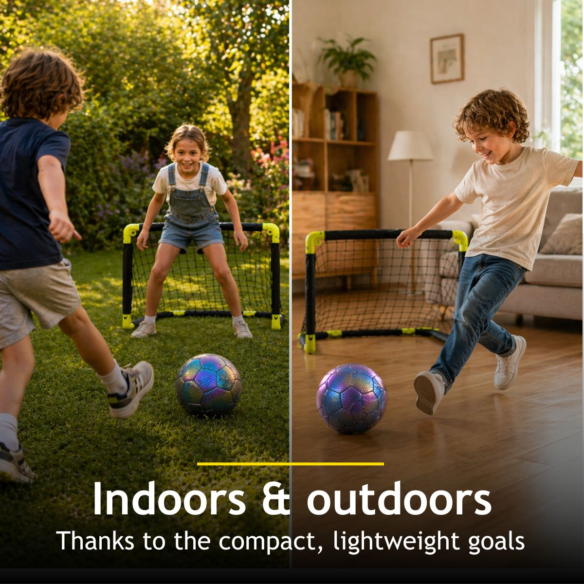 Children play soccer indoors and outdoors with a colorful ball and goals.