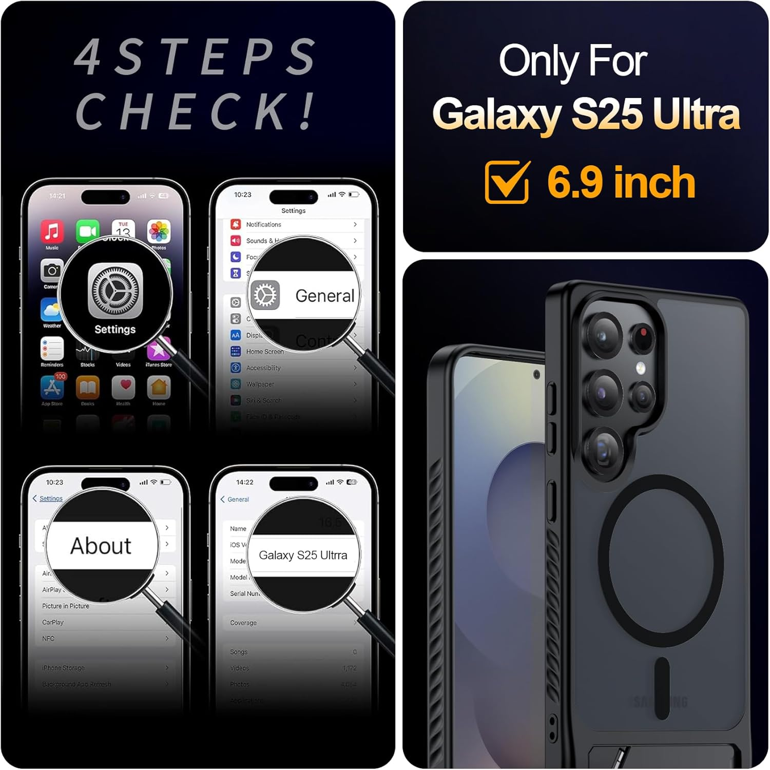 Vier Schritte auf zwei iPhones und einem Samsung S25 Ultra mit Hülle.