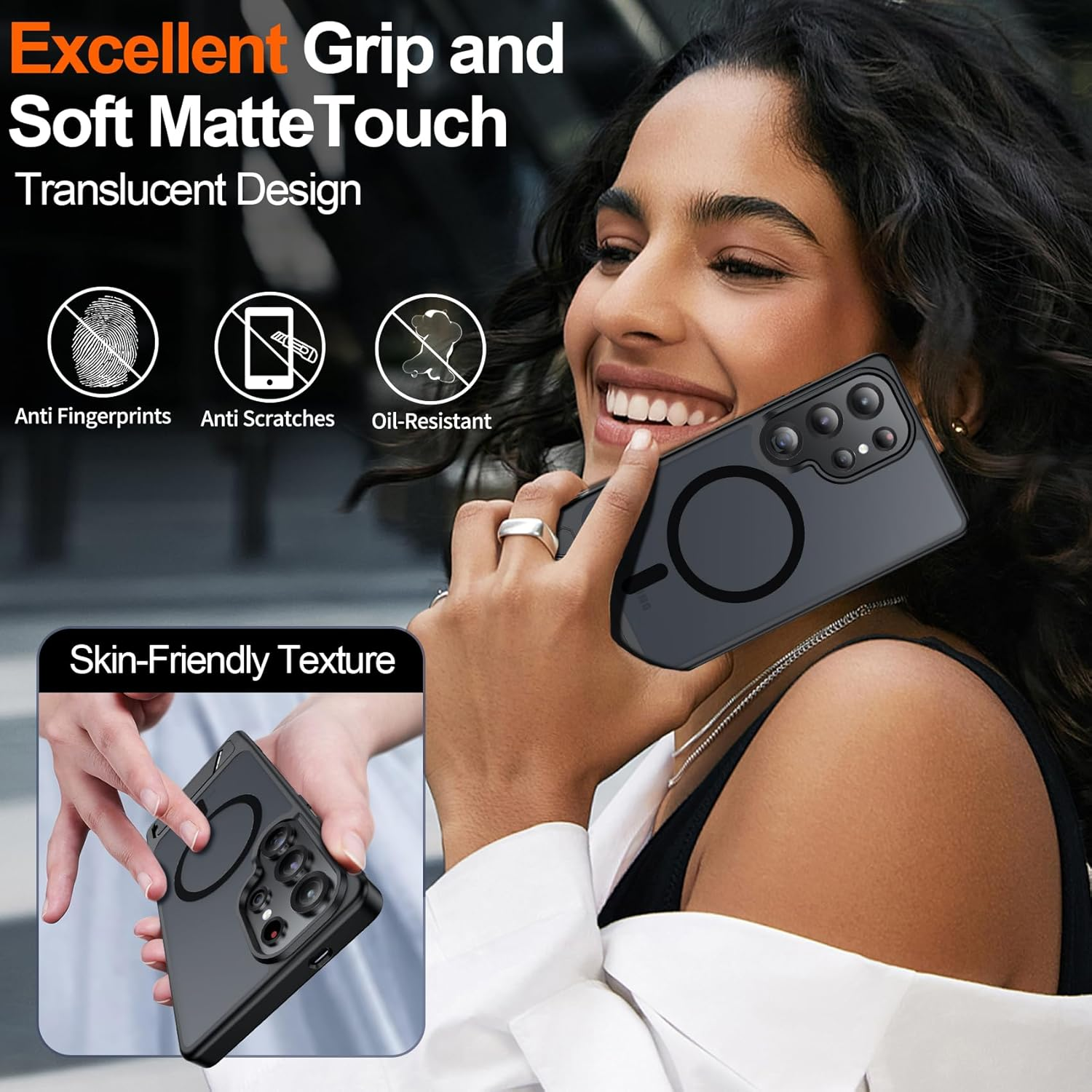 Frau hält Handy mit transparenter Hülle. Merkmale: Anti-Fingerabdruck, kratzfest, ölbeständig.