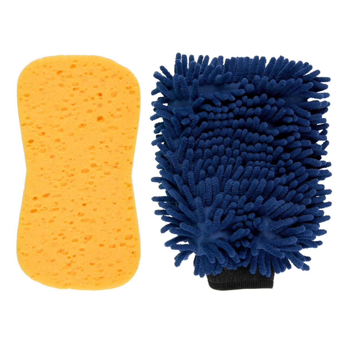 Een gele spons ligt naast een blauwe microvezel washmitt.