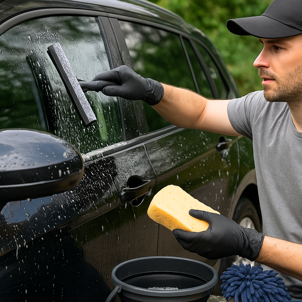 Man met zwarte handschoenen wast autowindow met wisser. Spons en emmer in de buurt.