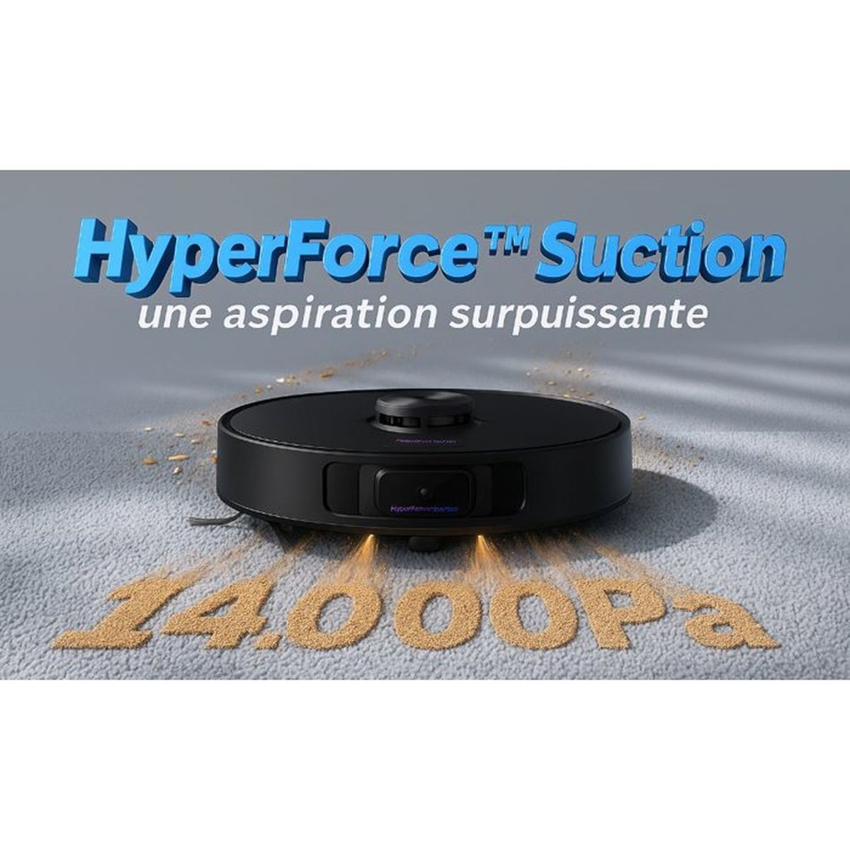 Robot aspirapolvere nero aspira sabbia, 14000Pa, HyperForce Suction.