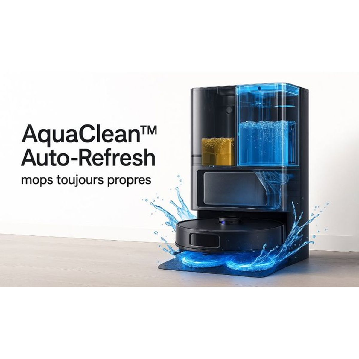 Un robot aspirapolvere con una stazione che spruzza acqua.