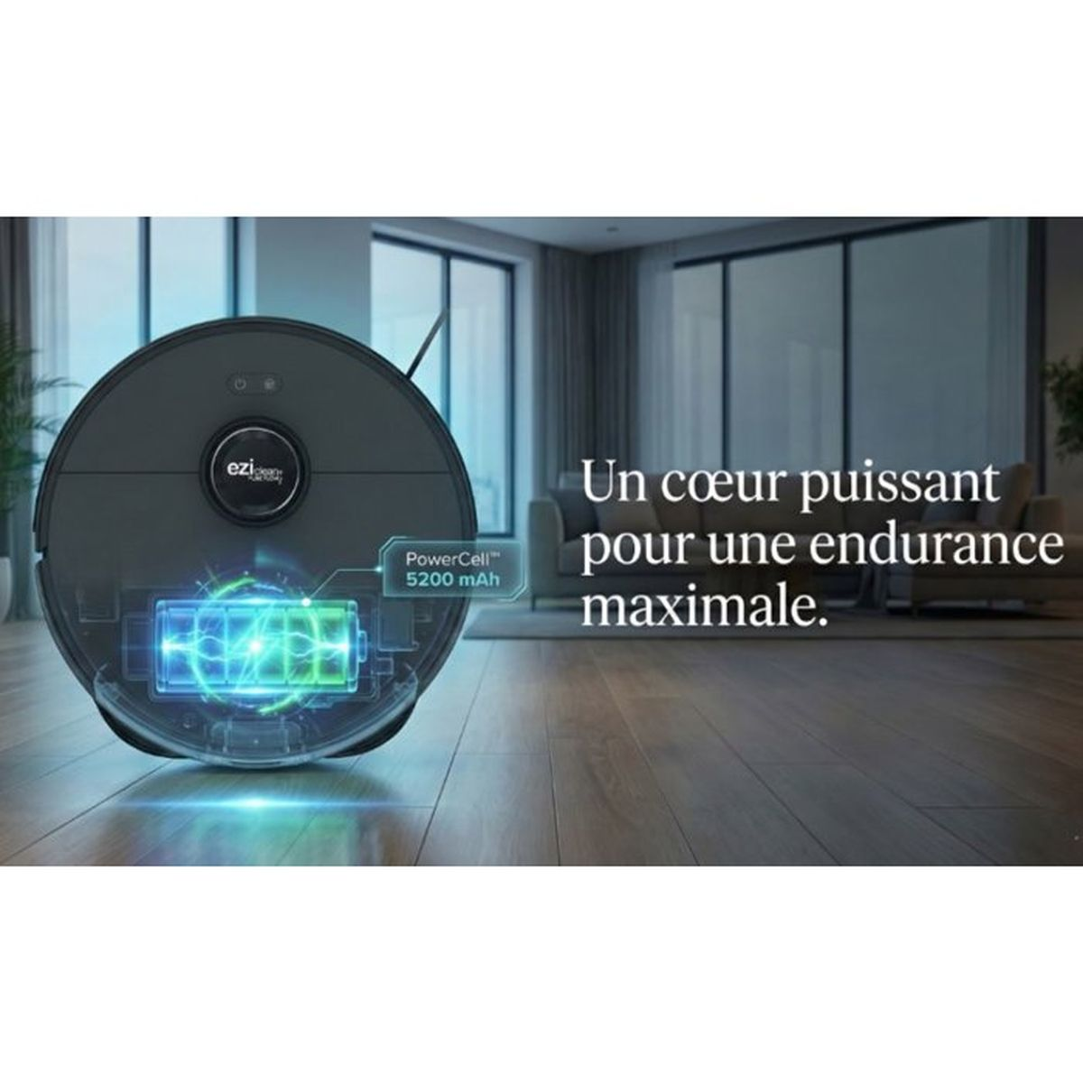 Un robot aspirapolvere nero con display batteria 5200 mAh in un salotto.