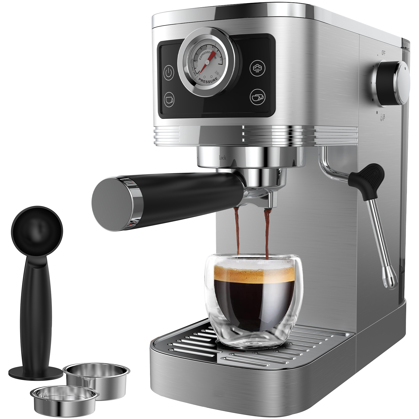 Una macchina per espresso argentata prepara il caffè in un bicchiere.
