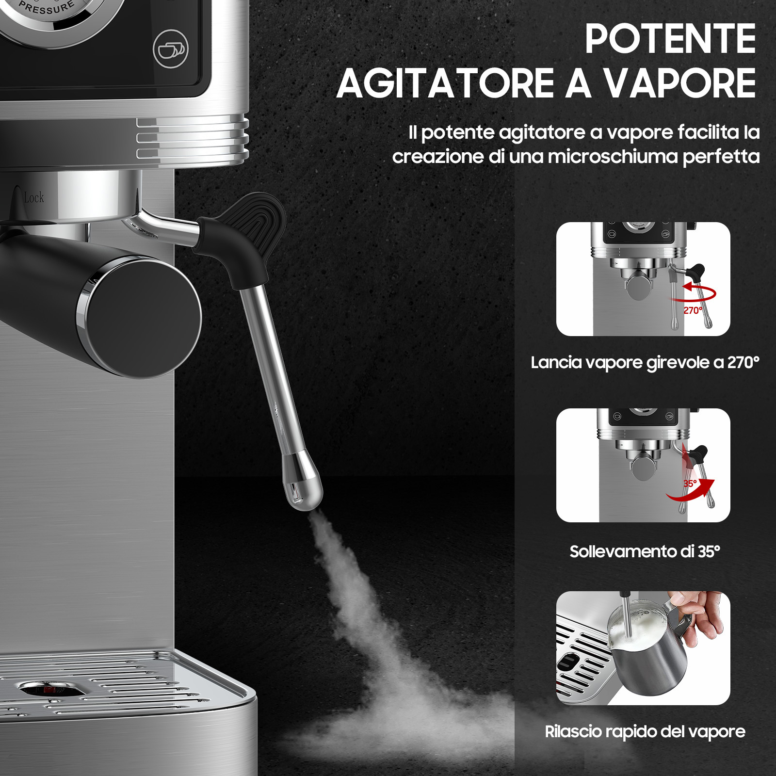 Macchina per espresso con lancia vapore che emette vapore. Dettagli mostrano le funzioni.