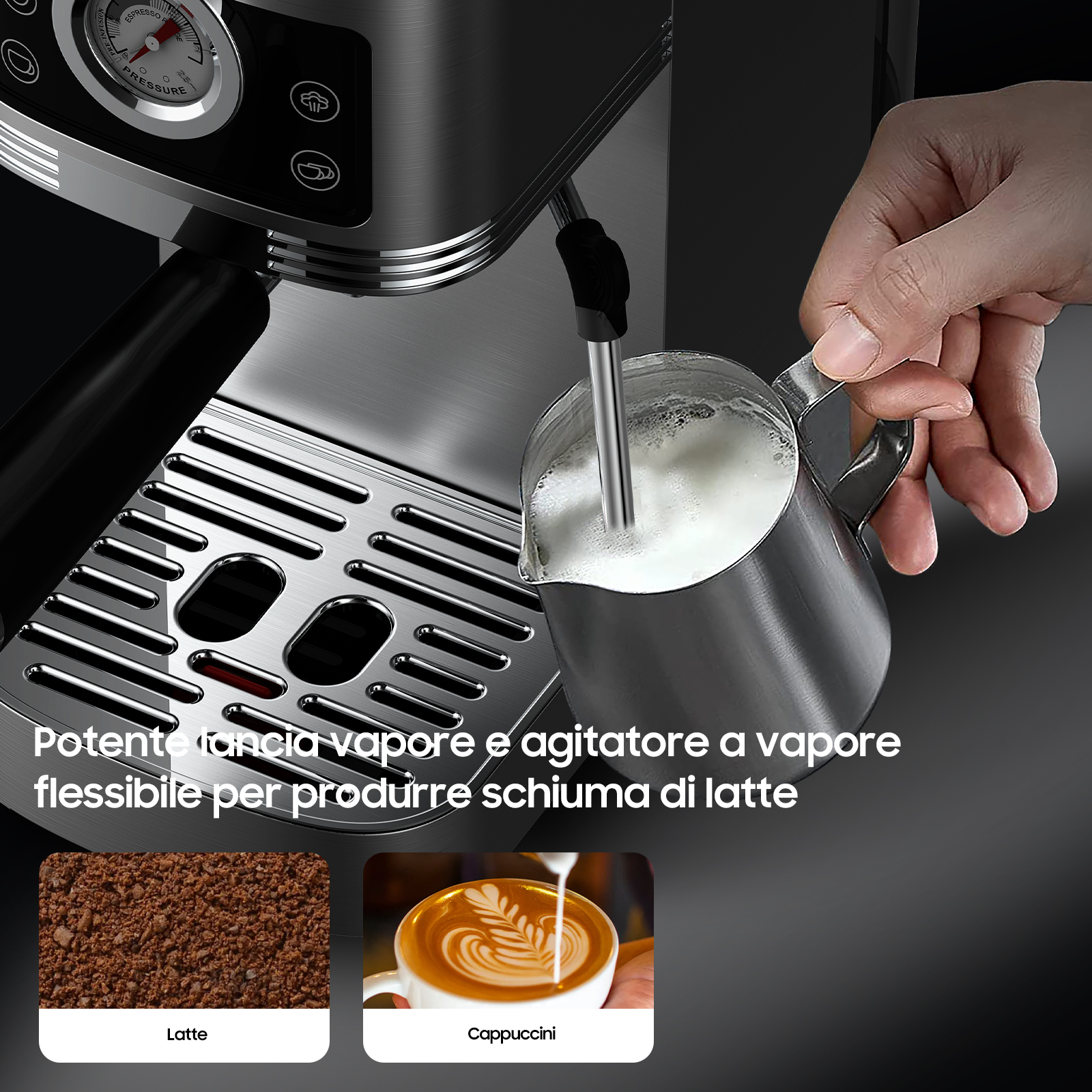 Una mano monta il latte in una caraffa con una macchina per espresso.