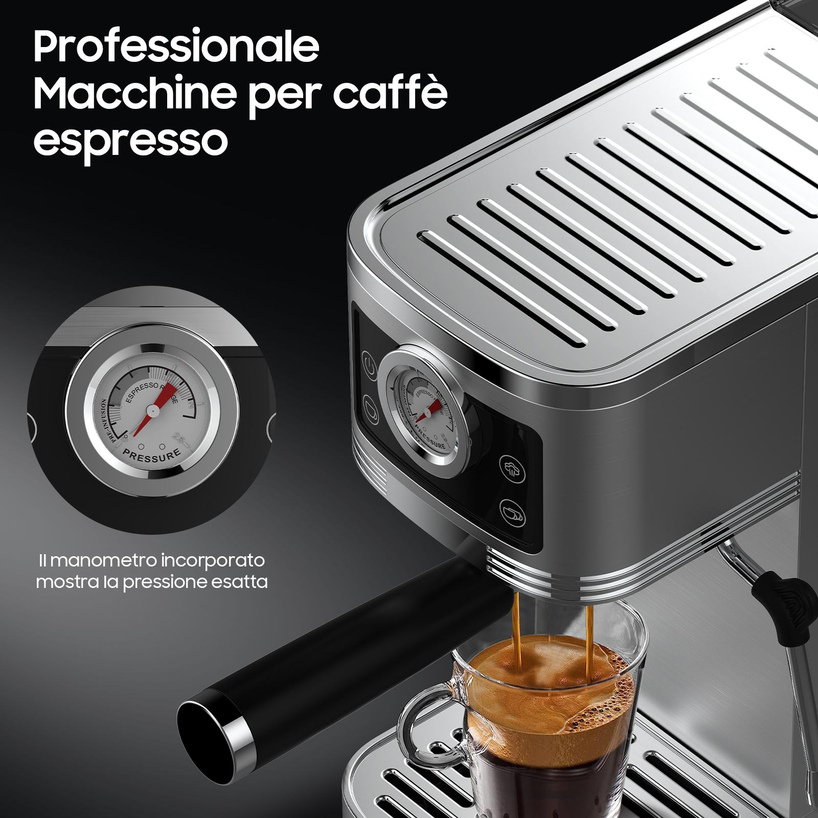 Una macchina per caffè espresso argentata prepara il caffè in una tazza di vetro. Un manometro indica la pressione.