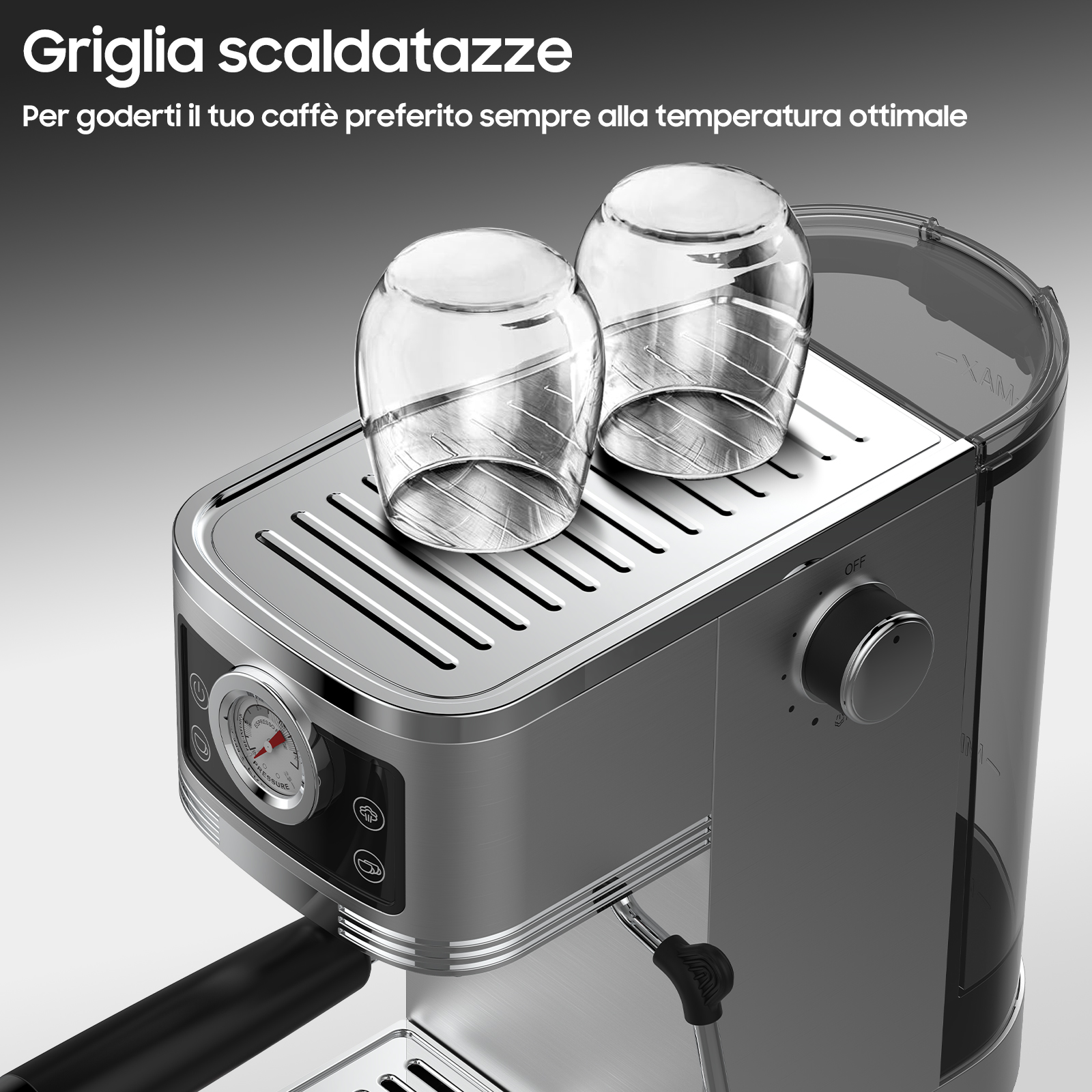 Una macchina per espresso argentata con due tazze di vetro vuote sopra.