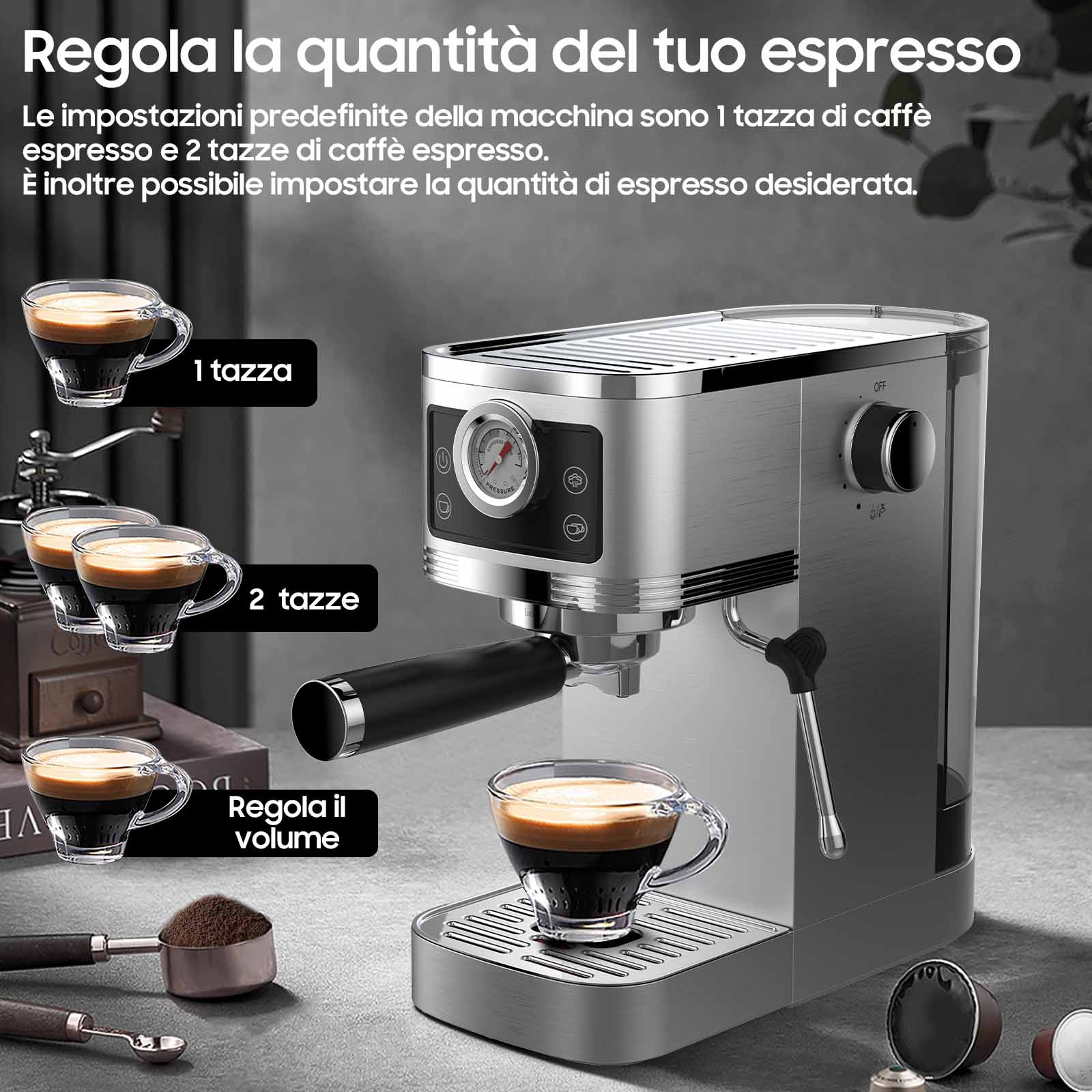 Macchina da espresso con tazze e fondi di caffè, regola la quantità.
