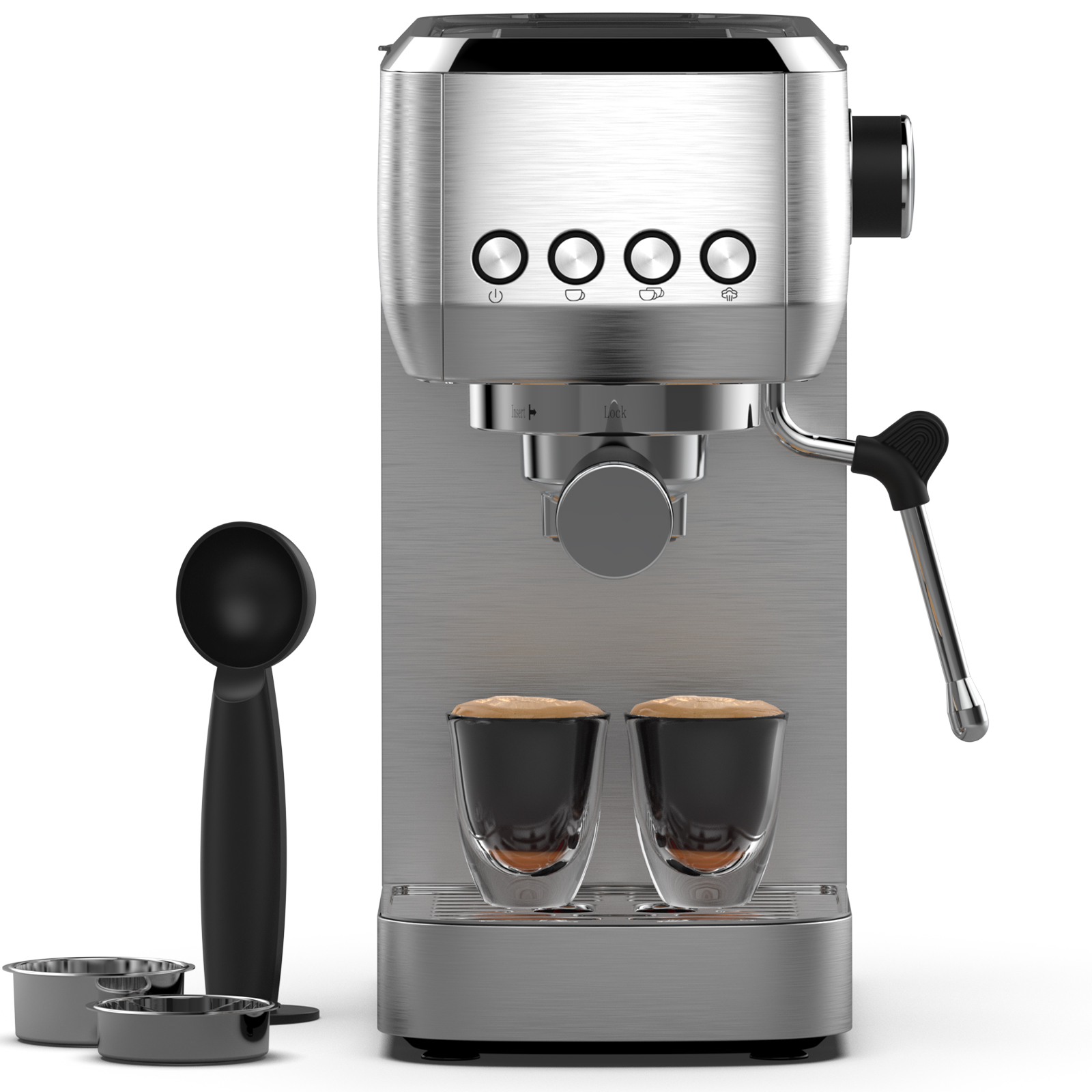 Una macchina per espresso argentata spazzolata con due bicchierini da caffè e un cucchiaio nero.