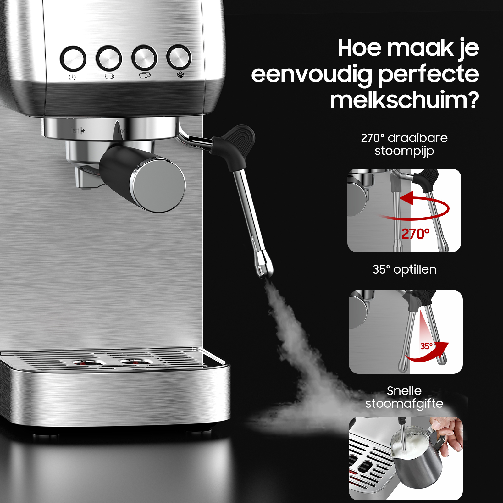 Una macchina da caffè con lancia vapore, che mostra rotazione 270° e inclinazione 35°.