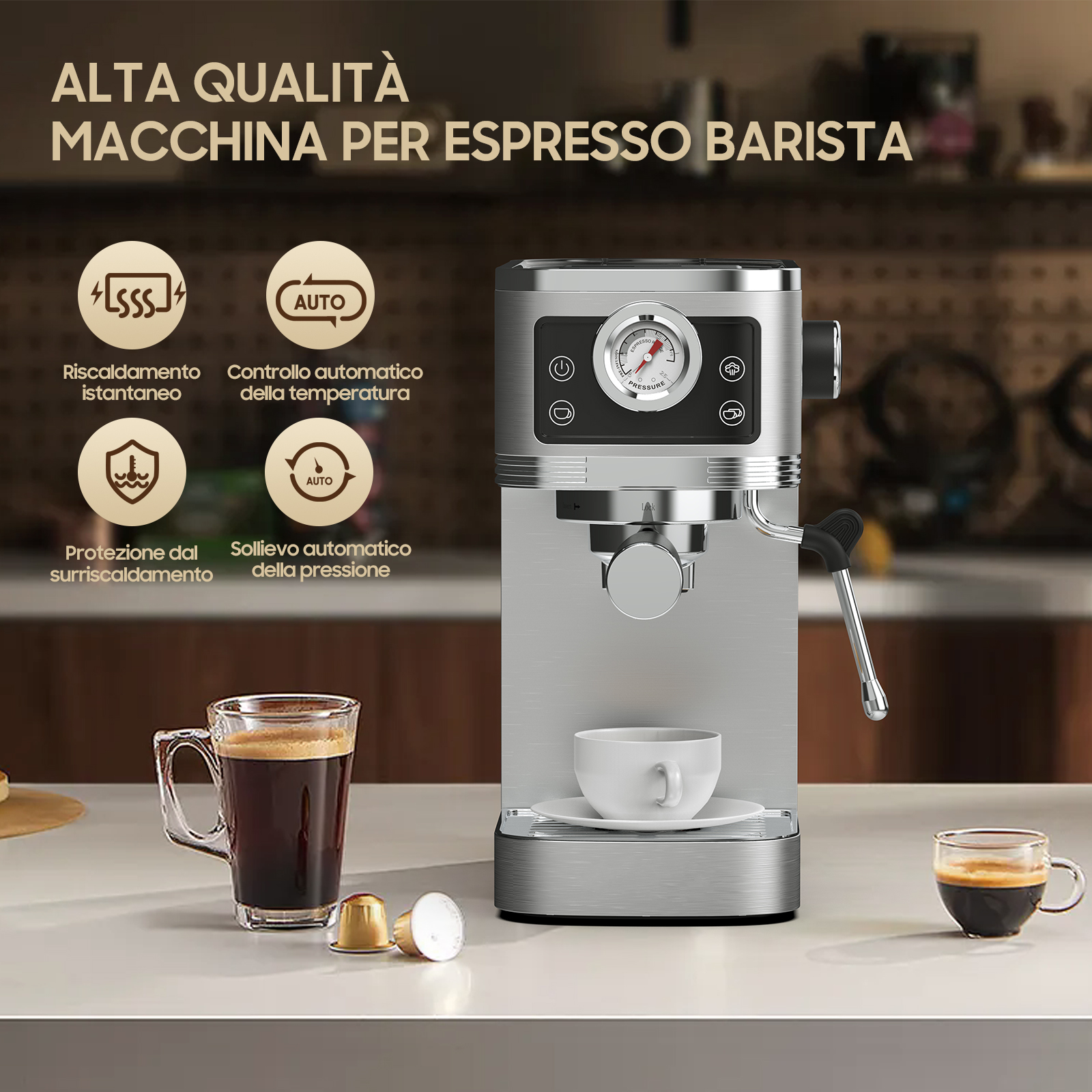 Macchina espresso argento con manometro, tazze di caffè e capsule.