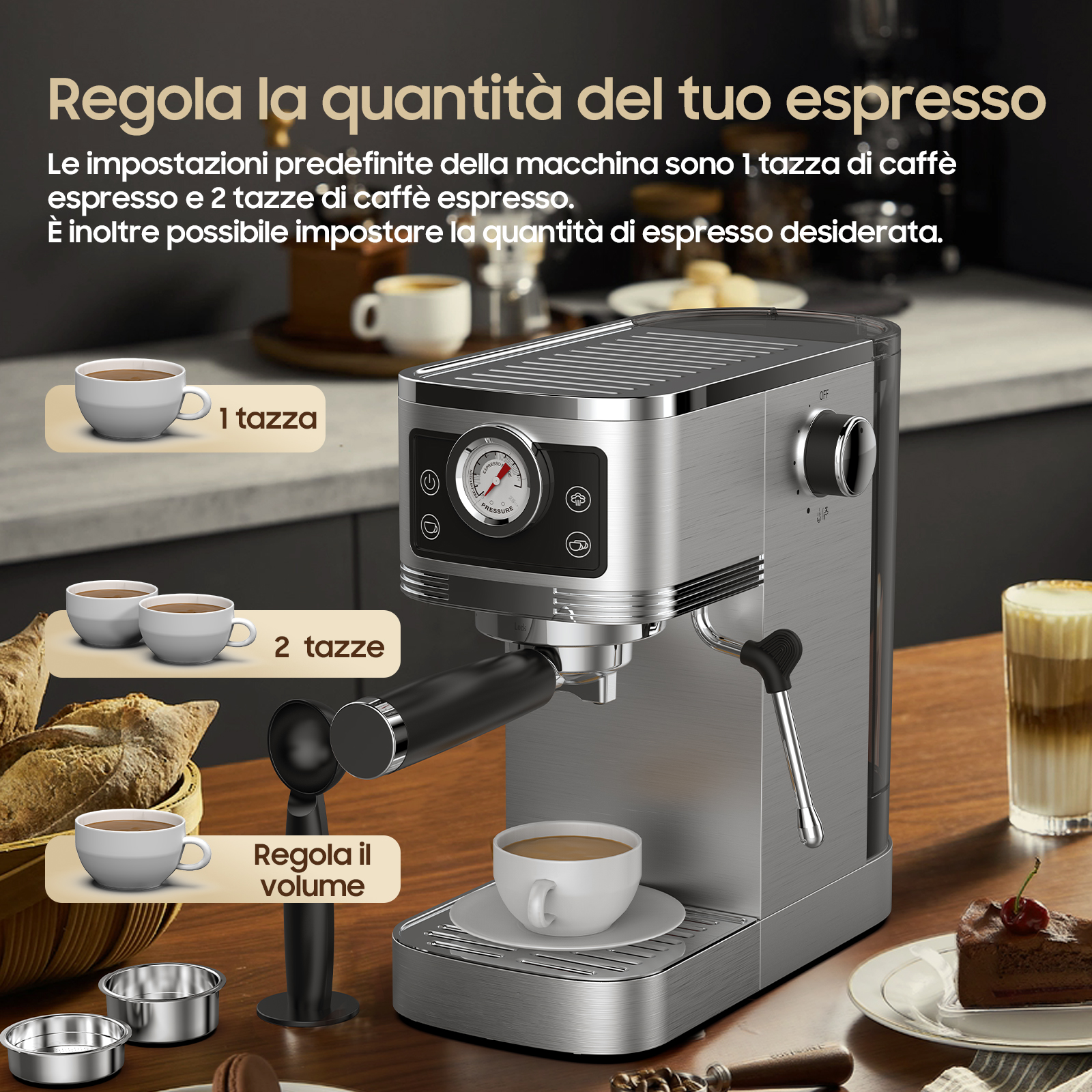 Una macchina per espresso argentata con tazze, pane e torta su un tavolo di legno.