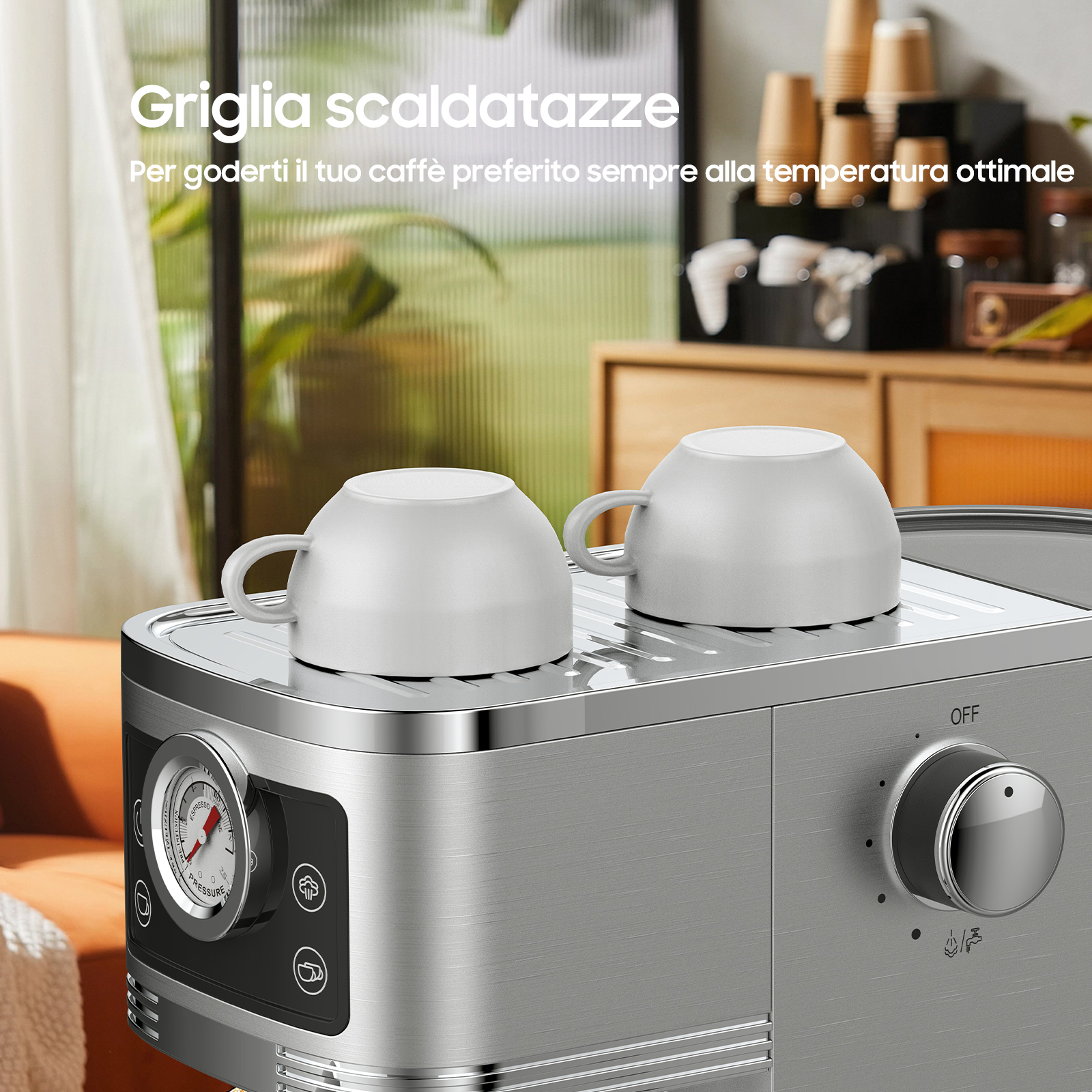 Due tazze bianche su piastra scaldatazze argentata con manometro.