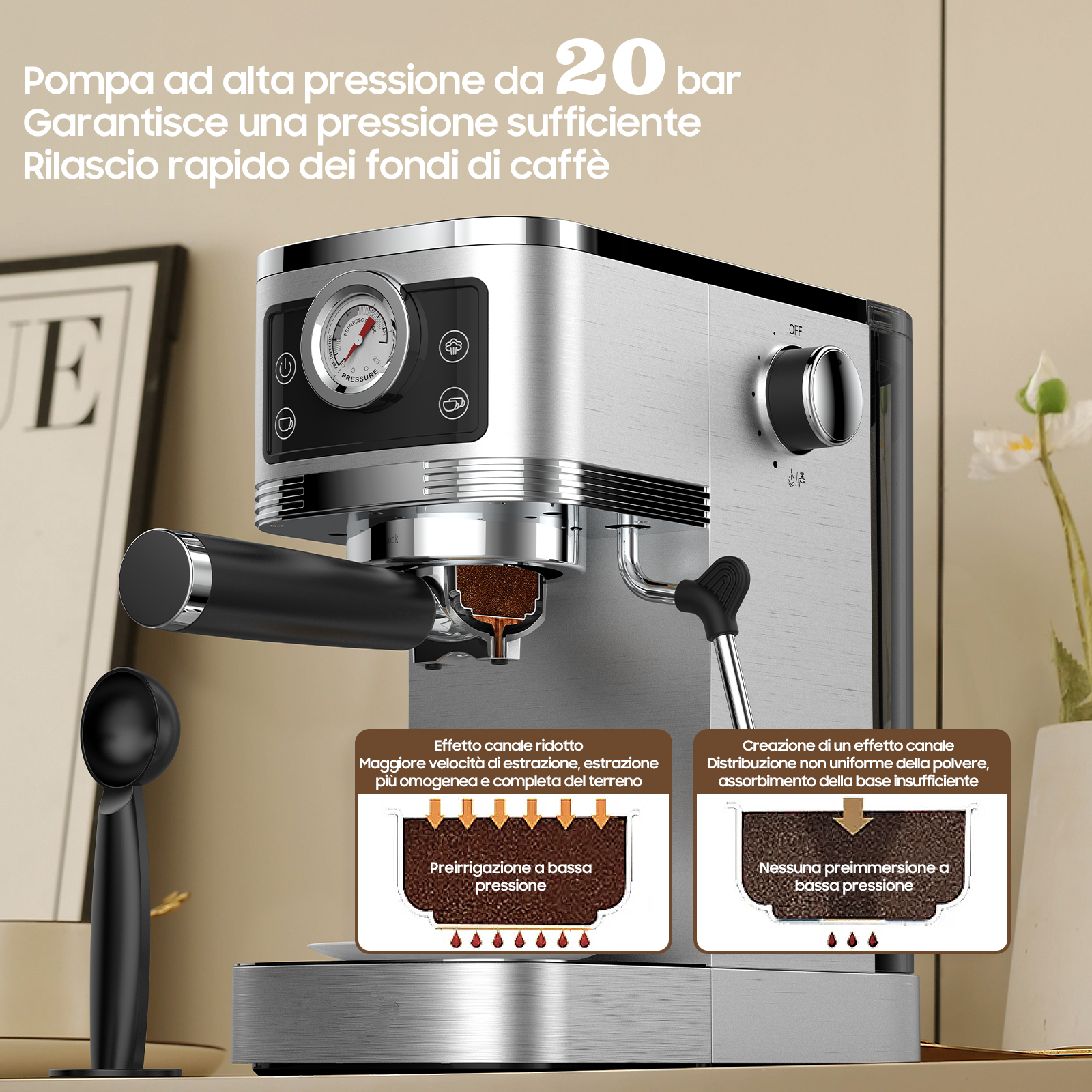Una macchina per espresso argentata con manometro e leva nera.