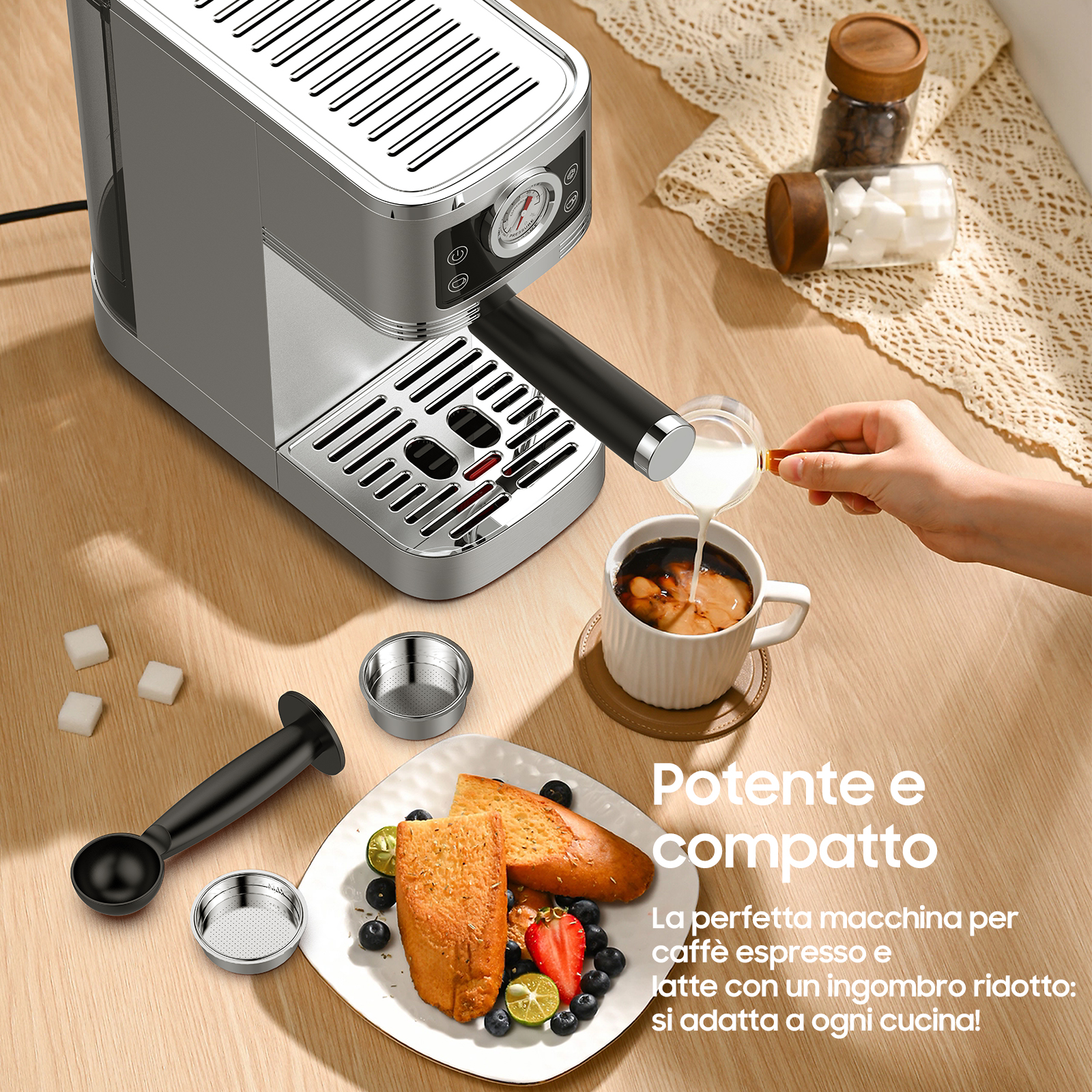 Una macchina per caffè espresso versa latte nel caffè, con frutta e pane.