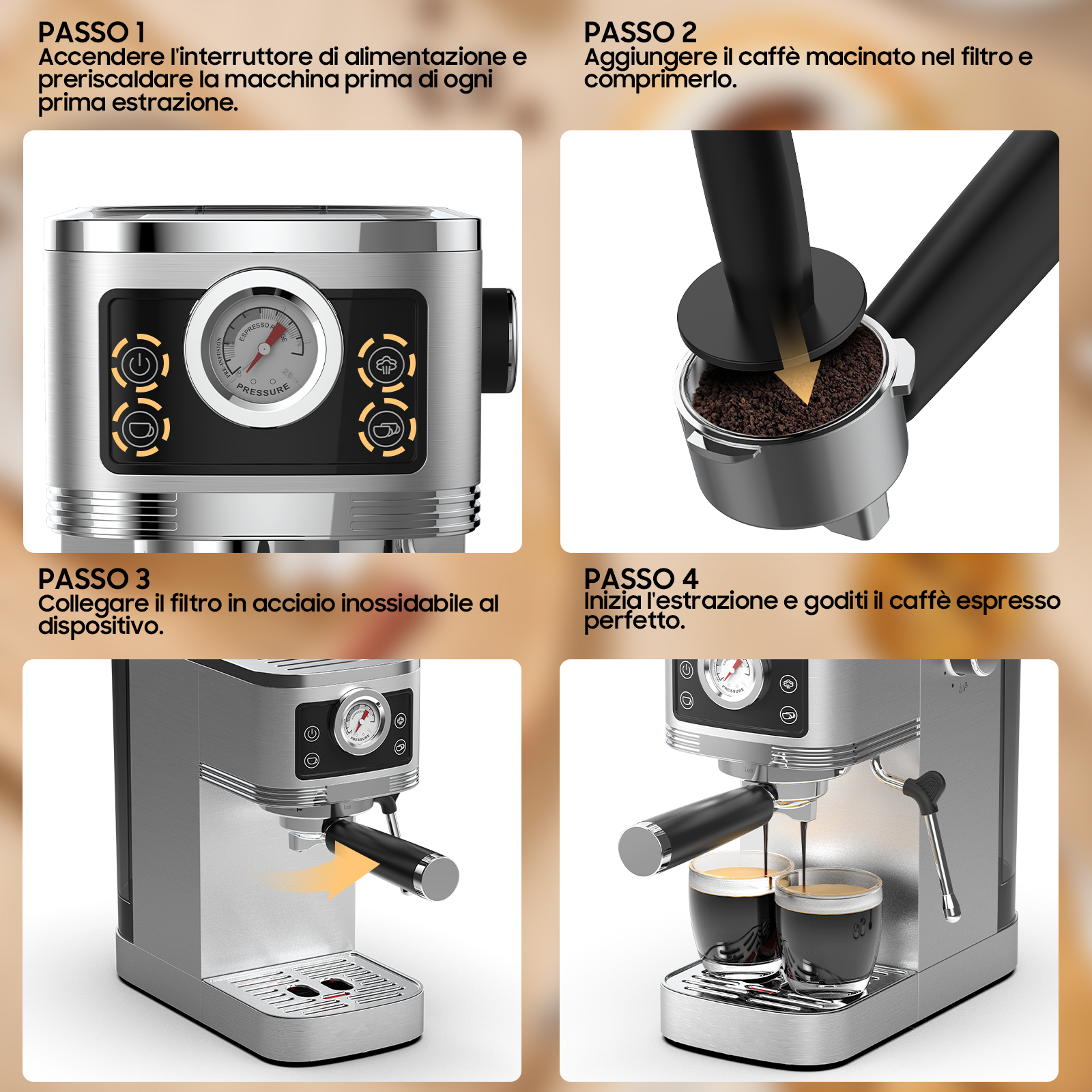Macchina espresso con manometro, gruppo erogatore, portafiltro e due tazzine di espresso.