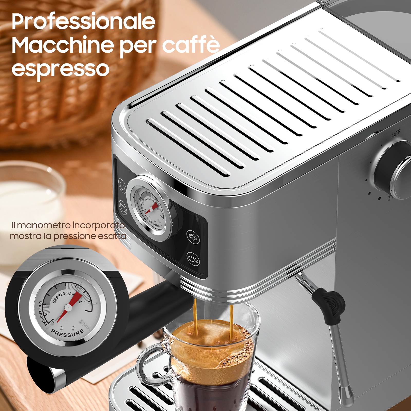 Una macchina per espresso argentata prepara caffè in un bicchiere. Un manometro mostra la pressione.