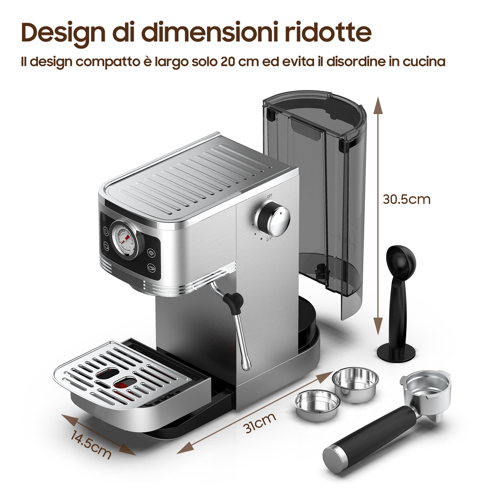 Macchina espresso argento compatta con serbatoio, tazze e portafiltro. Dimensioni: 31x14,5x30,5cm.
