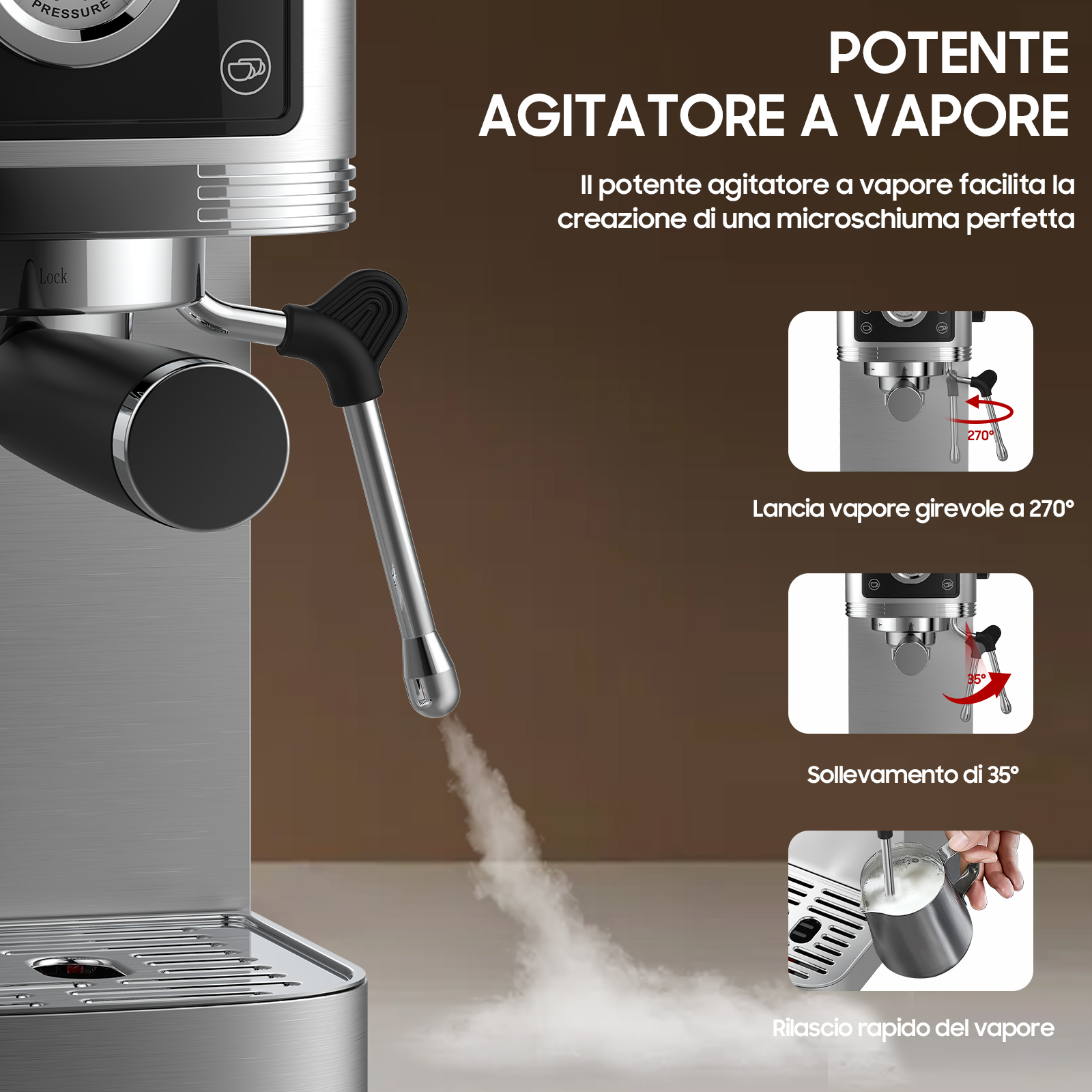 Macchina da caffè con lancia vapore che emette vapore. Primi piani mostrano le sue funzioni.