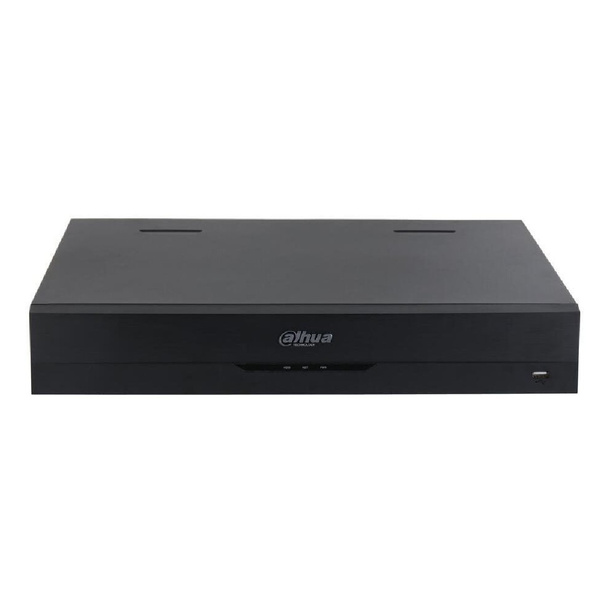 Önünde Dahua logosu ve USB bağlantı noktası bulunan siyah DVR kayıt cihazı.