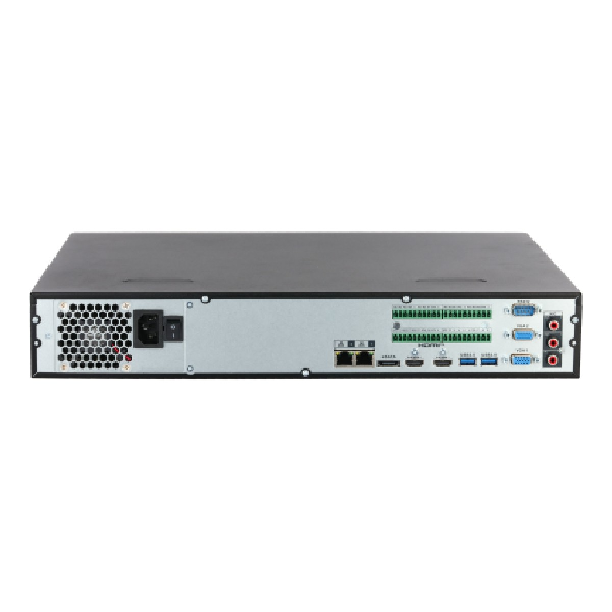 Güç, ağ, HDMI, USB ve video bağlantı noktalarına sahip siyah bir DVR'nin arka görünümü.