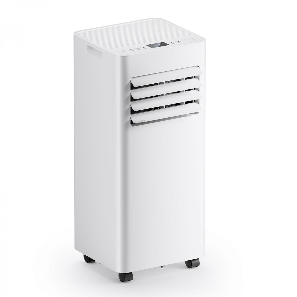 Ein weißer tragbarer Klimaanlage mit Digitalanzeige und verstellbaren Lüftungsschlitzen auf Rädern.